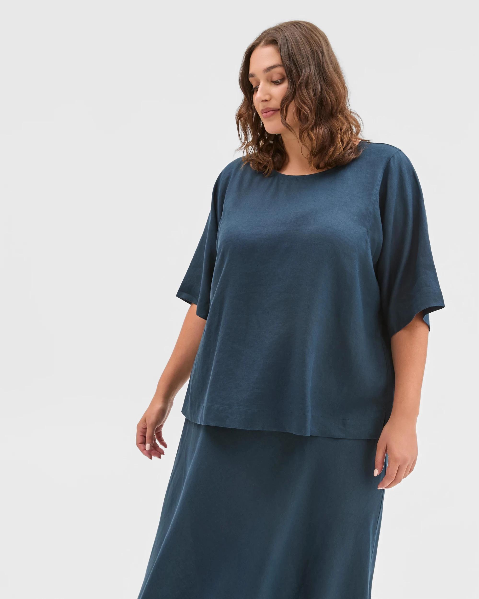 2 Target Curve Plus Size European Linen Short Sleeve Seam Detail Top SODALITE, 2 of 7