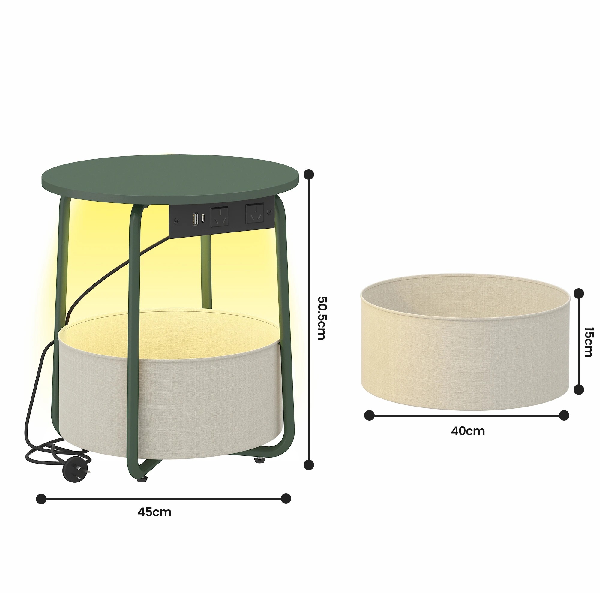 2 Advwin Small Round Side Table with Charging Station Nightstand with Fabric Basket - Green, 2 of 8