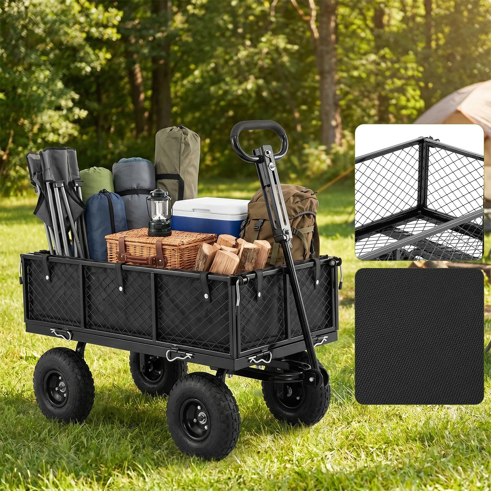 5 Costway Heavy Metal Garden Cart 400KG Utility Wagon w/Mesh Side & Rotating Handle - Black, 5 of 6