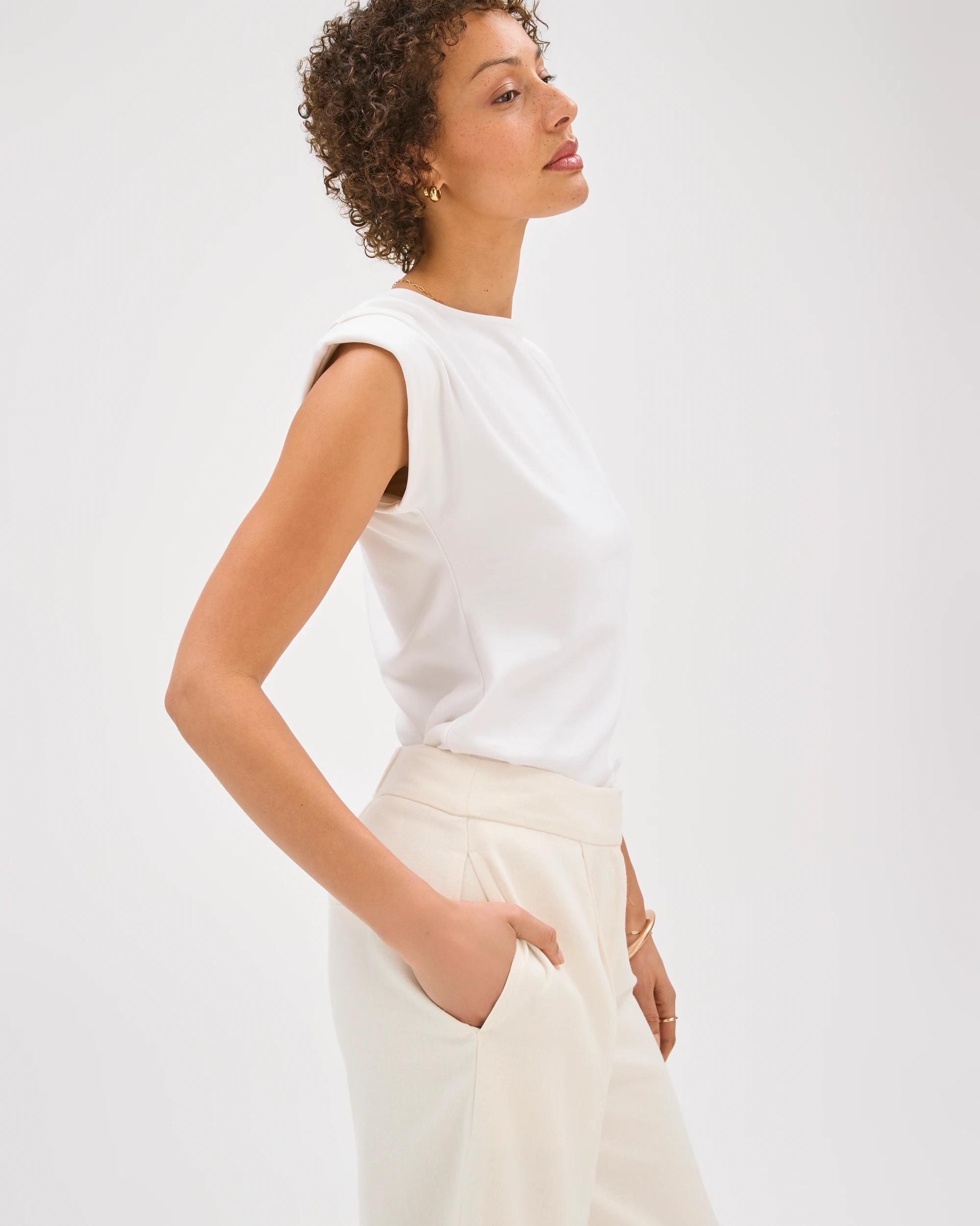 4 Preview Australian Cotton Sleeveless Shoulder Pad Tuck Detail Top CLOUD DANCER, 4 of 6