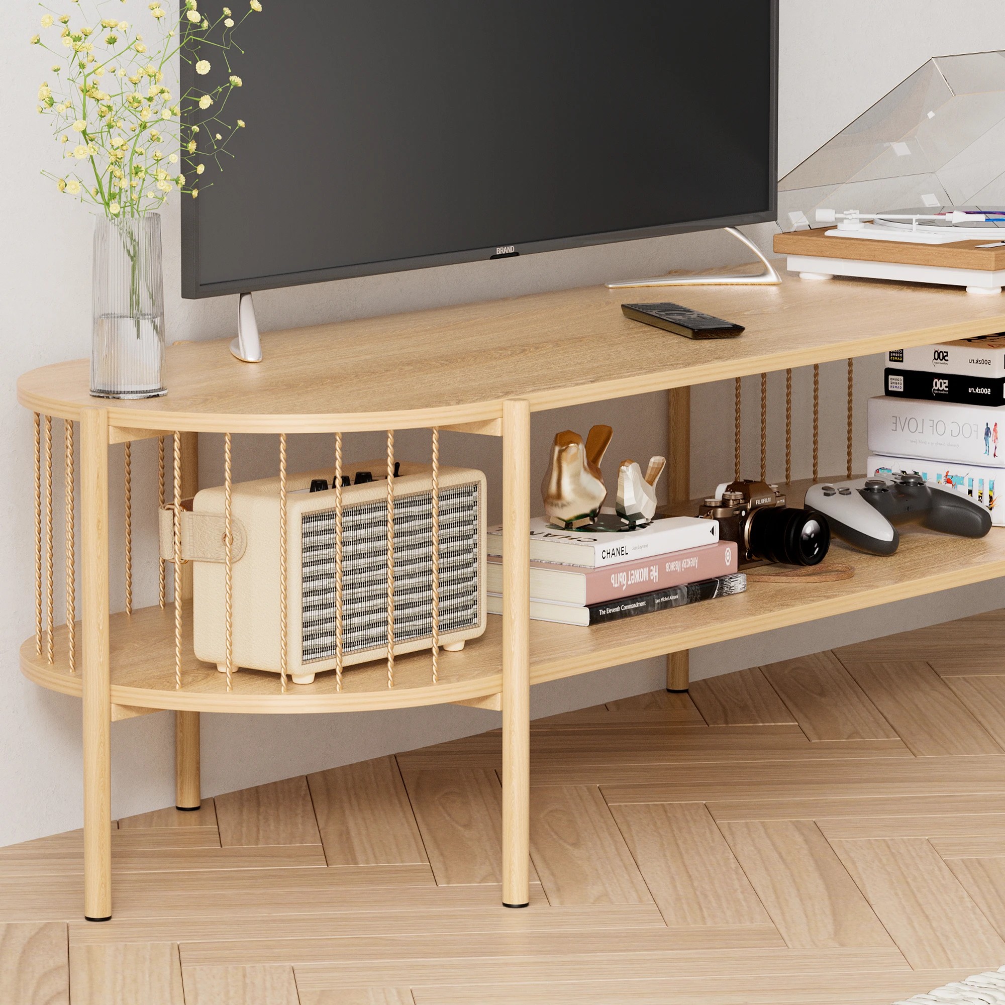 6 Artiss Swivel Floor Chair & TV Entertainment Unit with Storage Shelf Set - White, 6 of 7