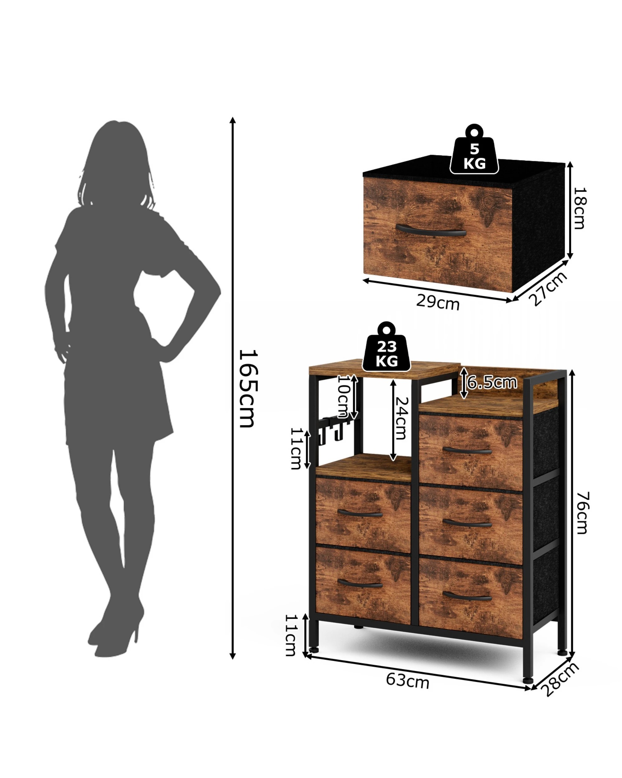 2 Advwin Chest of 5 Drawers Storage Cabinet with Open Shelf - Brown, 2 of 10