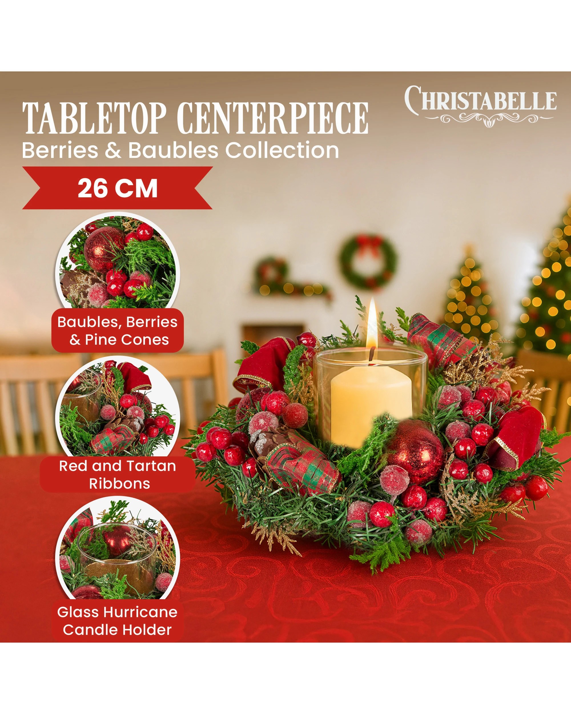 4 Christabelle 26cm Christmas Centrepiece Lush Green Decor Berries And Baubles, 4 of 4