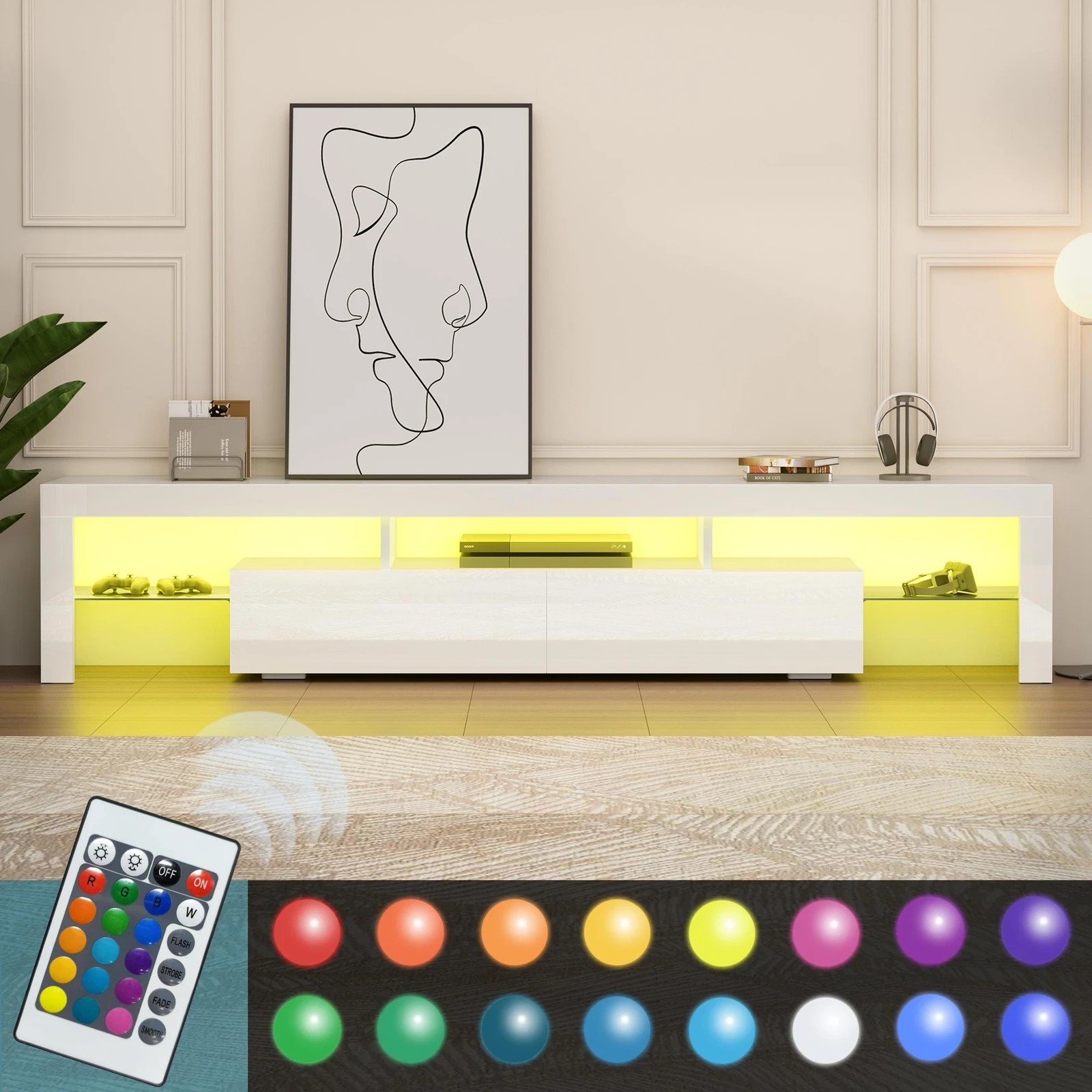 6 Alfordson Entertainment Unit 200cm TV Stand LED Light Storage Gloss - White, 6 of 10
