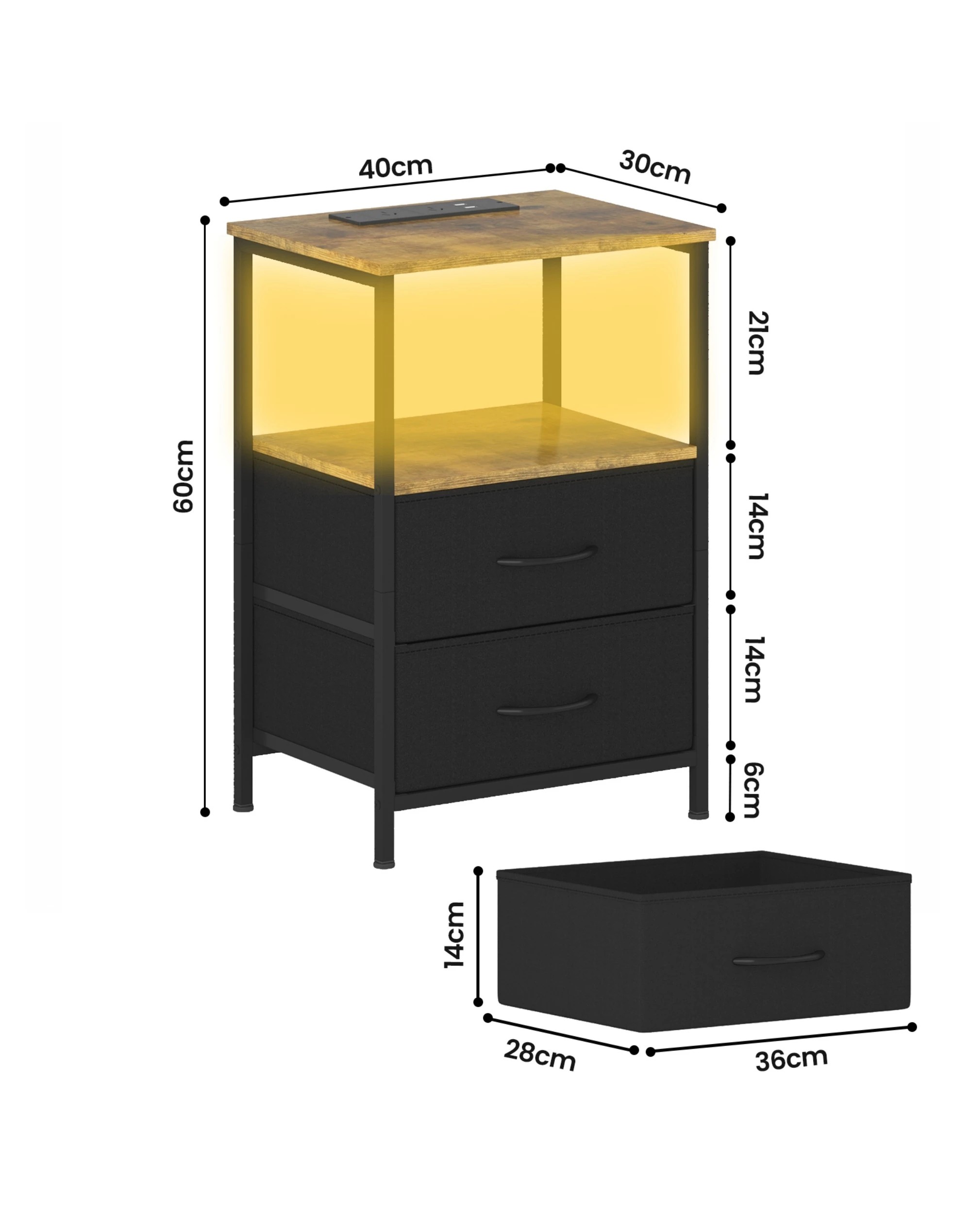 3 Advwin Led Bedside Table with Charging Station 2 Fabric Drawers - Brown, 3 of 6