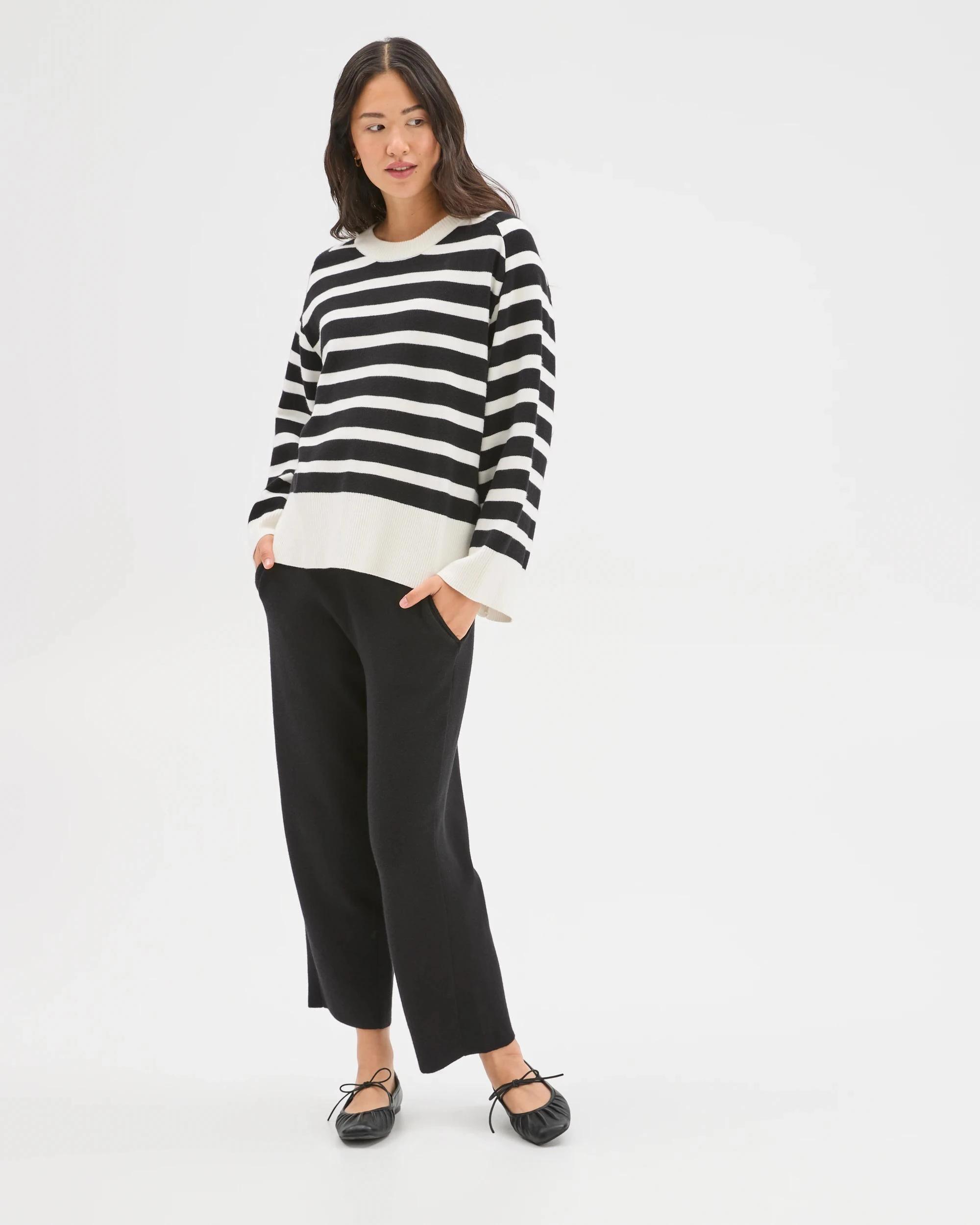 1 Target Woman Clean Knit Crew Neck Sweater CLOUD DANCER/BLACK STRIPE, 1 of 6