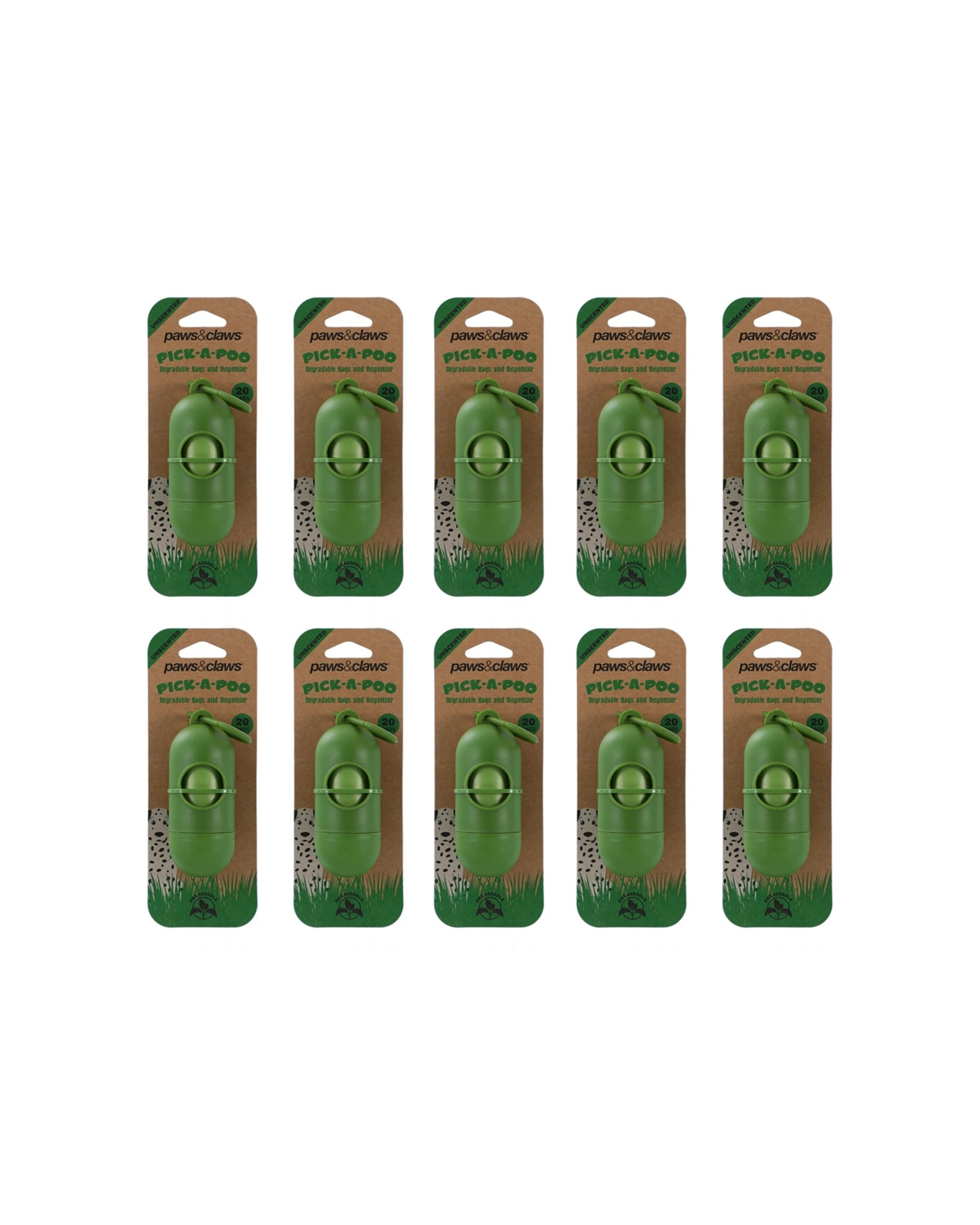 1 Paws And Claws 10x 20pc Pick-A-Poo Degradable Waste Bags Dispenser Unscent - Green, 1 of 4