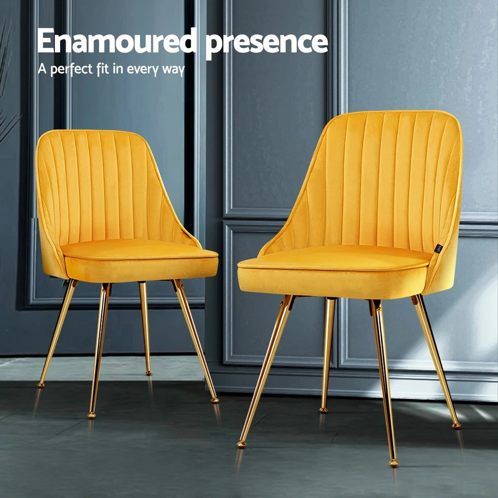 2 Artiss Dining Chairs Set of 4 Velvet Channel Tufted - Yellow, 2 of 4