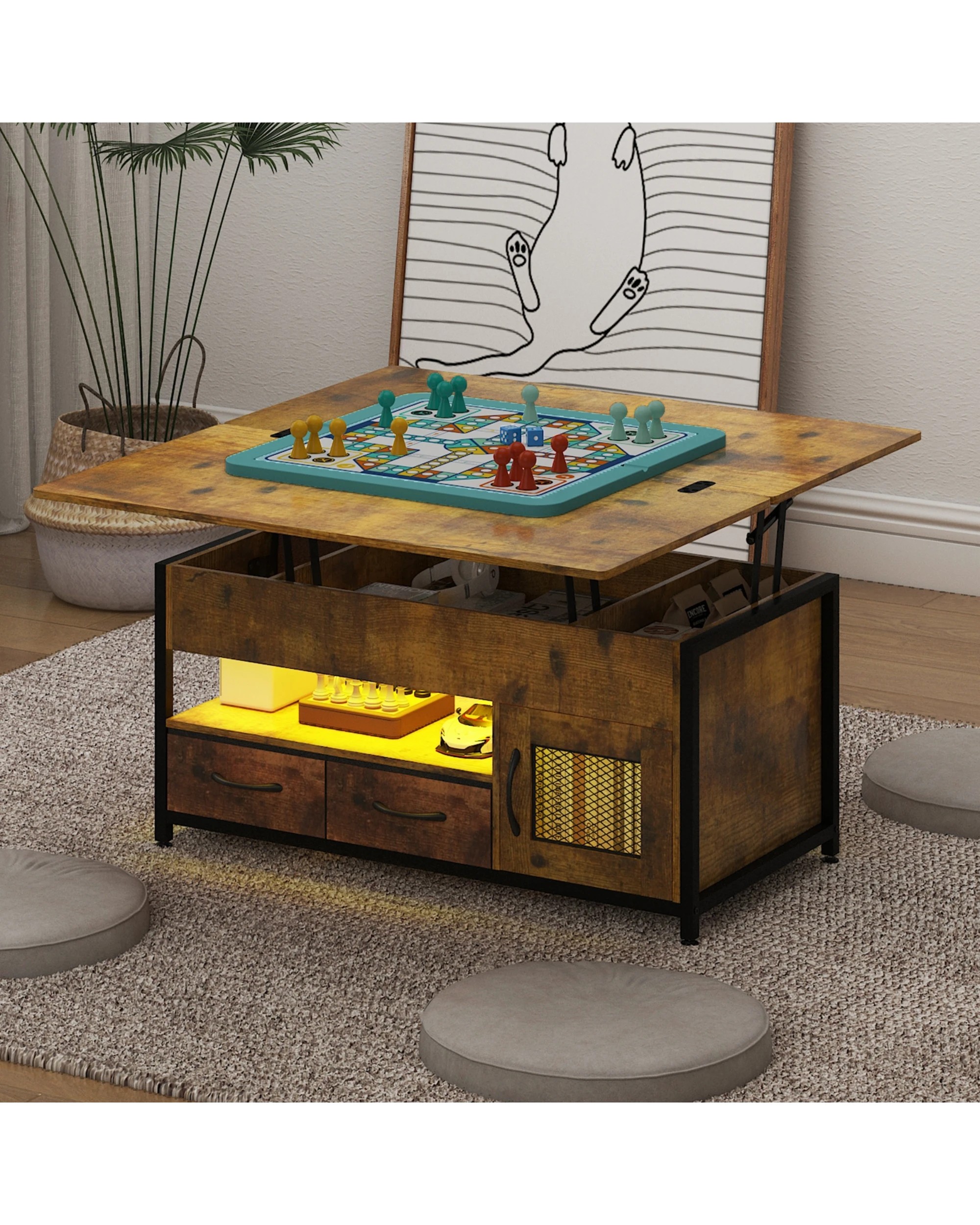 3 Advwin 4-in-1 LED Lift Top Coffee Table w/ Hidden Compartment & Display Shelf Rising Center Table w/ & Drawer & Cabinet, 3 of 10