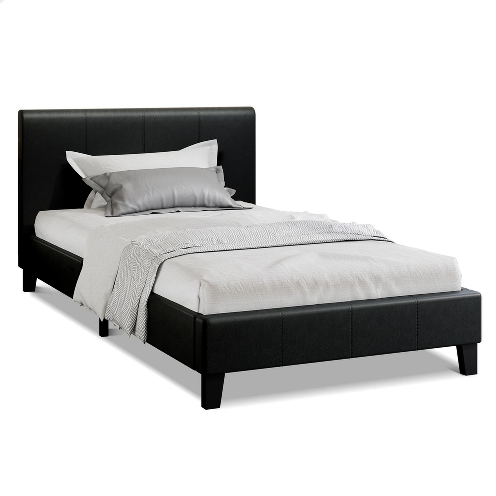 1 Alfordson Bed Frame Single Size Mattress Base Wooden Platform Leather - Black, 1 of 10
