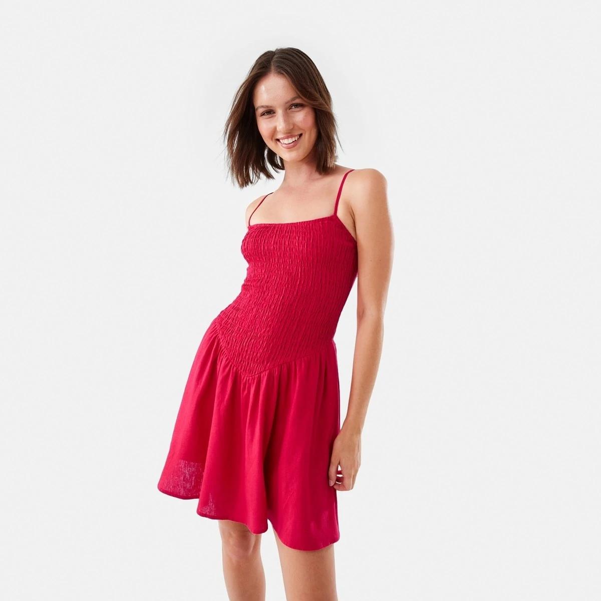 1 Sleeveless Shirred Bodice Mini Dress STRAWBERRY, 1 of 8