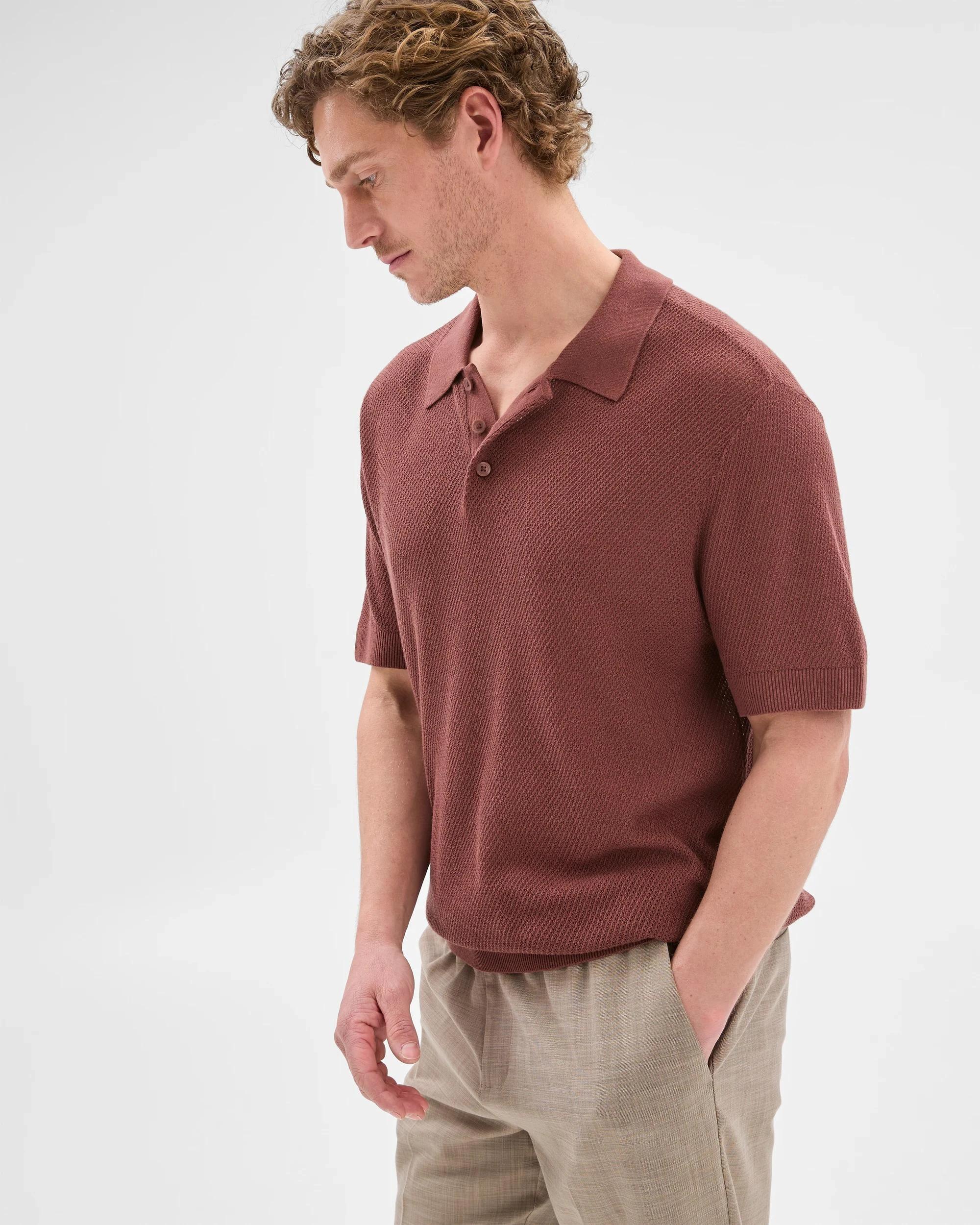 3 Australian Cotton Blend Knit Polo Top - Preview BRICK, 3 of 10