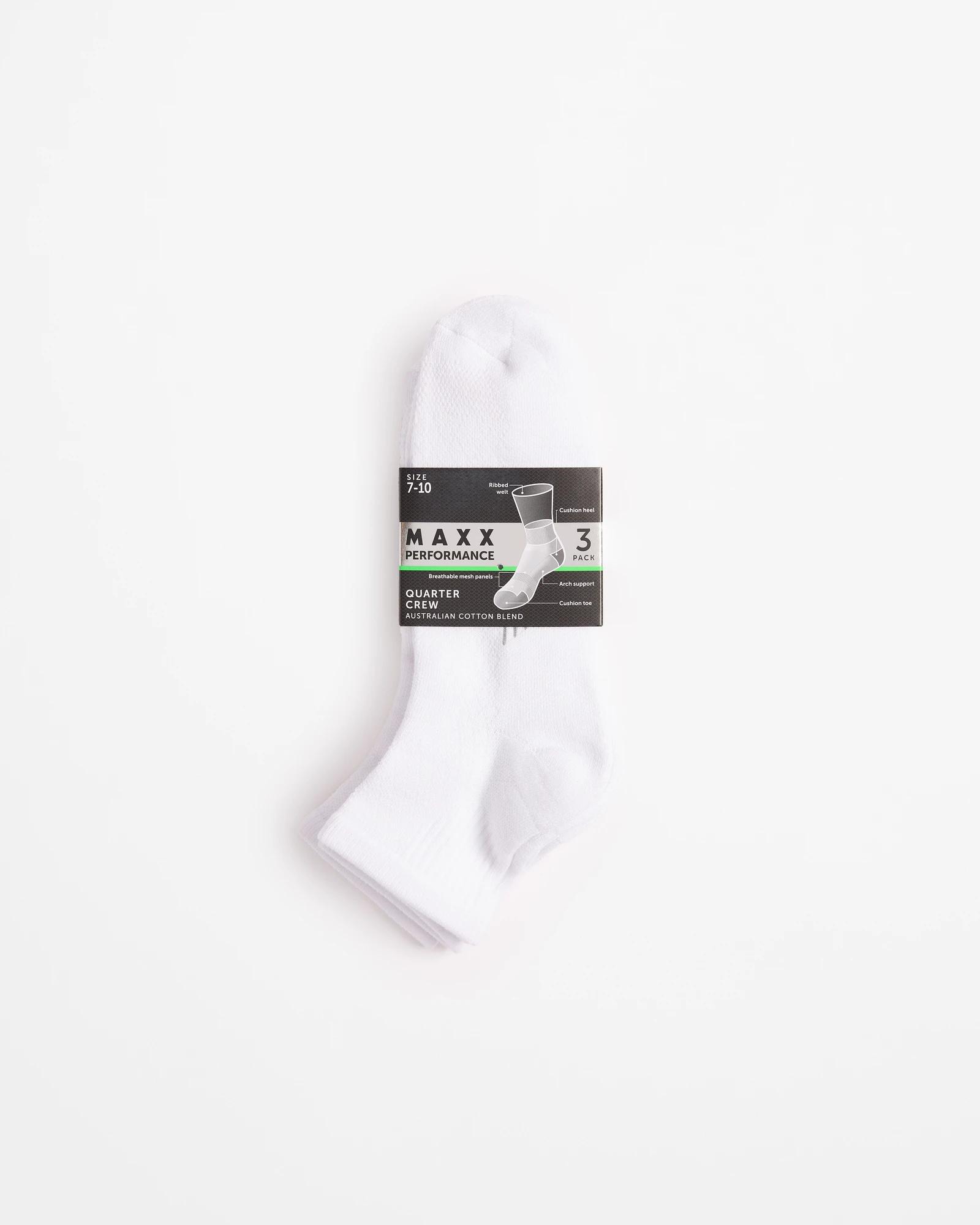 3 Australian Cotton Blend 3 Pack Quarter Crew Performance Socks - Maxx WHITE, 3 of 3