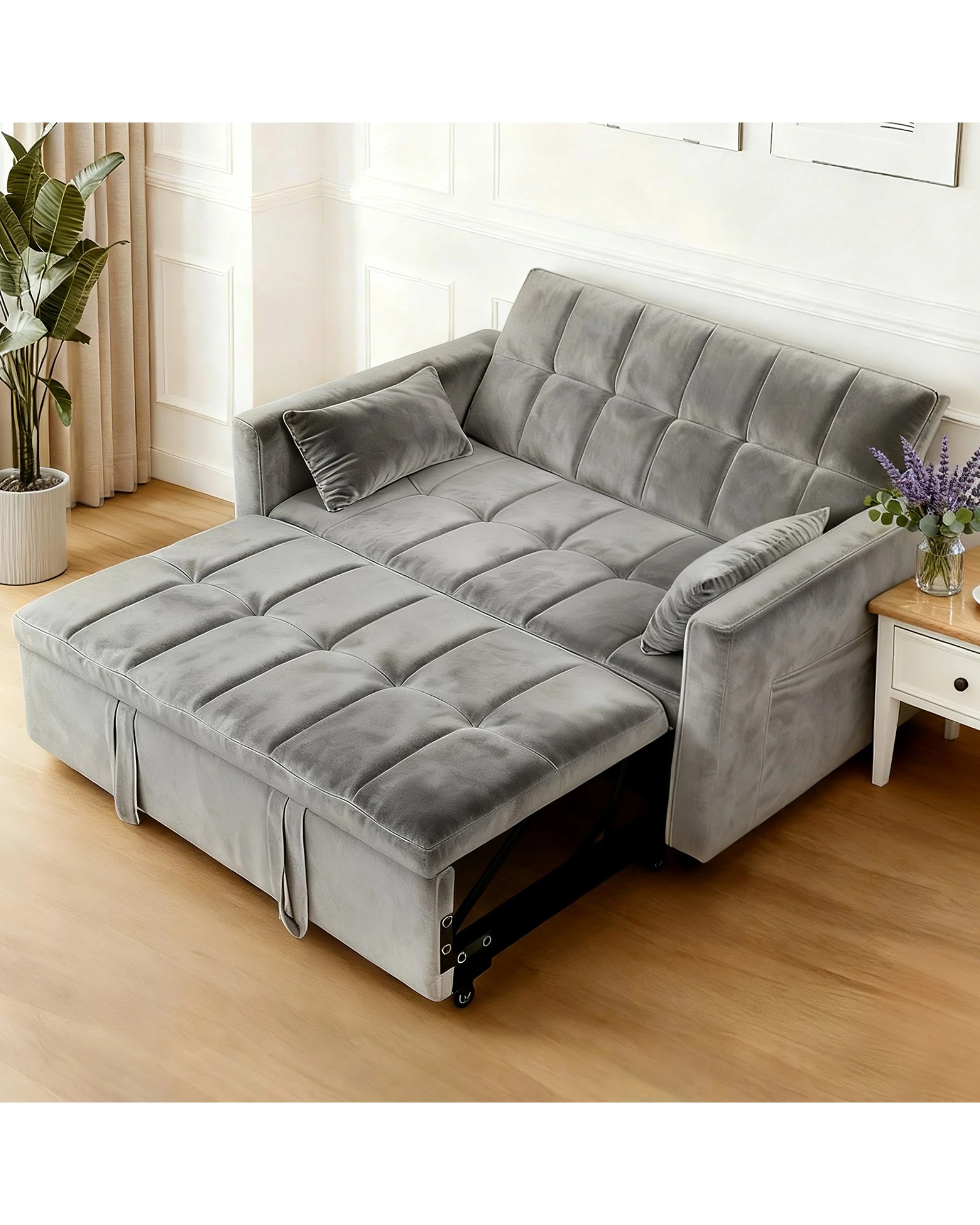 4 Advwin 3 in 1 Convertible Sofa Bed Velvet Sleeper Loveseat with Adjustable Backrest Pull Out Couch with Side Pocket, 4 of 10