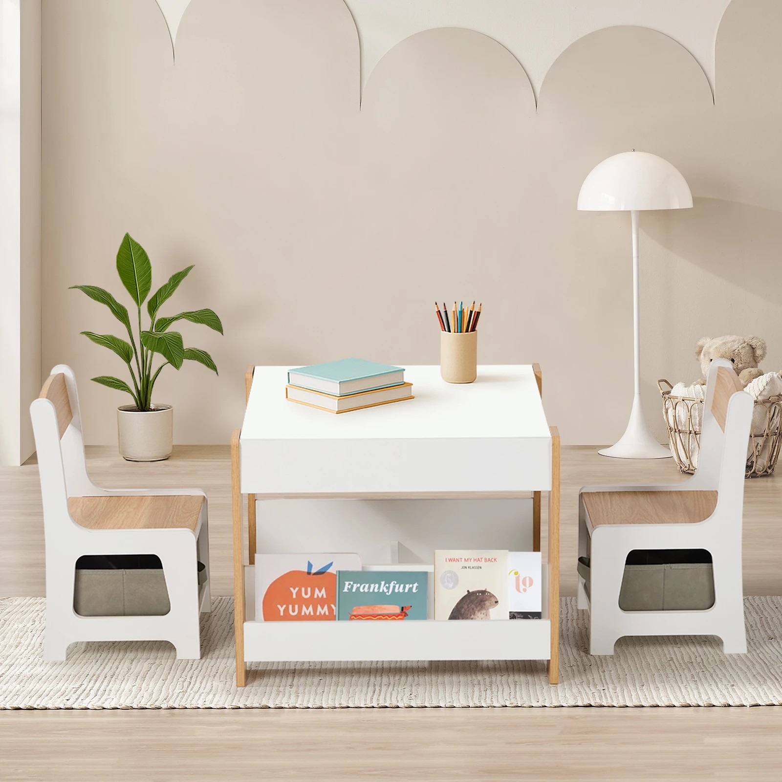 4 Oikiture Kids Table and Chairs Set Chalkboard Drawing Toys Storage Bookshelf - Multi, 4 of 10