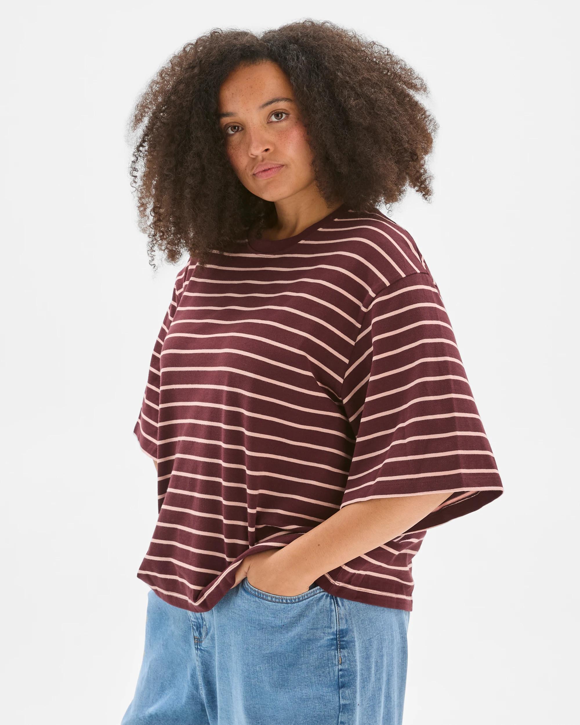 4 Target Curve Plus Size Australian Cotton Wide Sleeve Boxy T-Shirt BURGUNDY/SOFT BLUSH STRIPE, 4 of 9