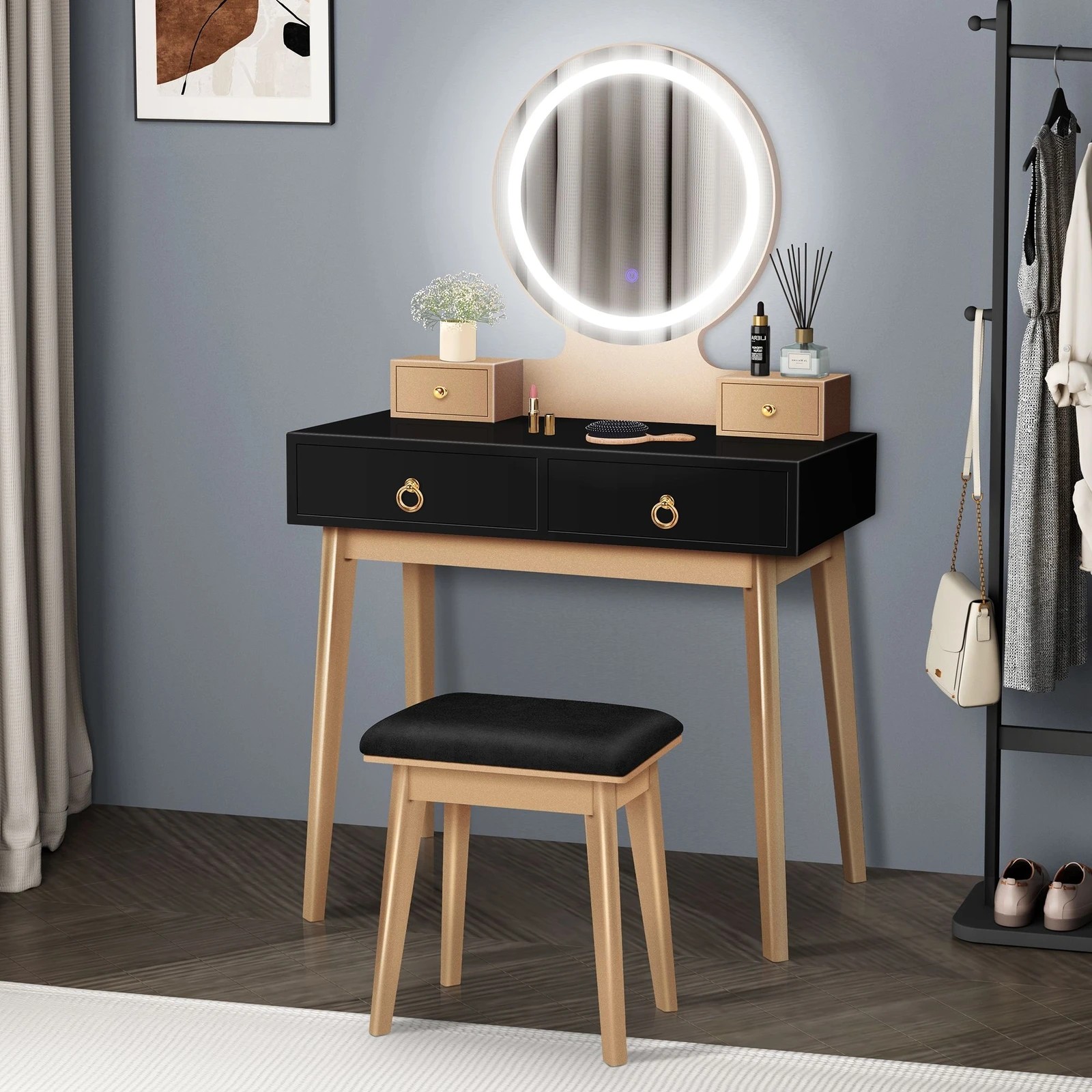 2 Alfordson Dressing Table Stool Set Makeup Mirror Vanity Desk LED Light - Black, 2 of 10
