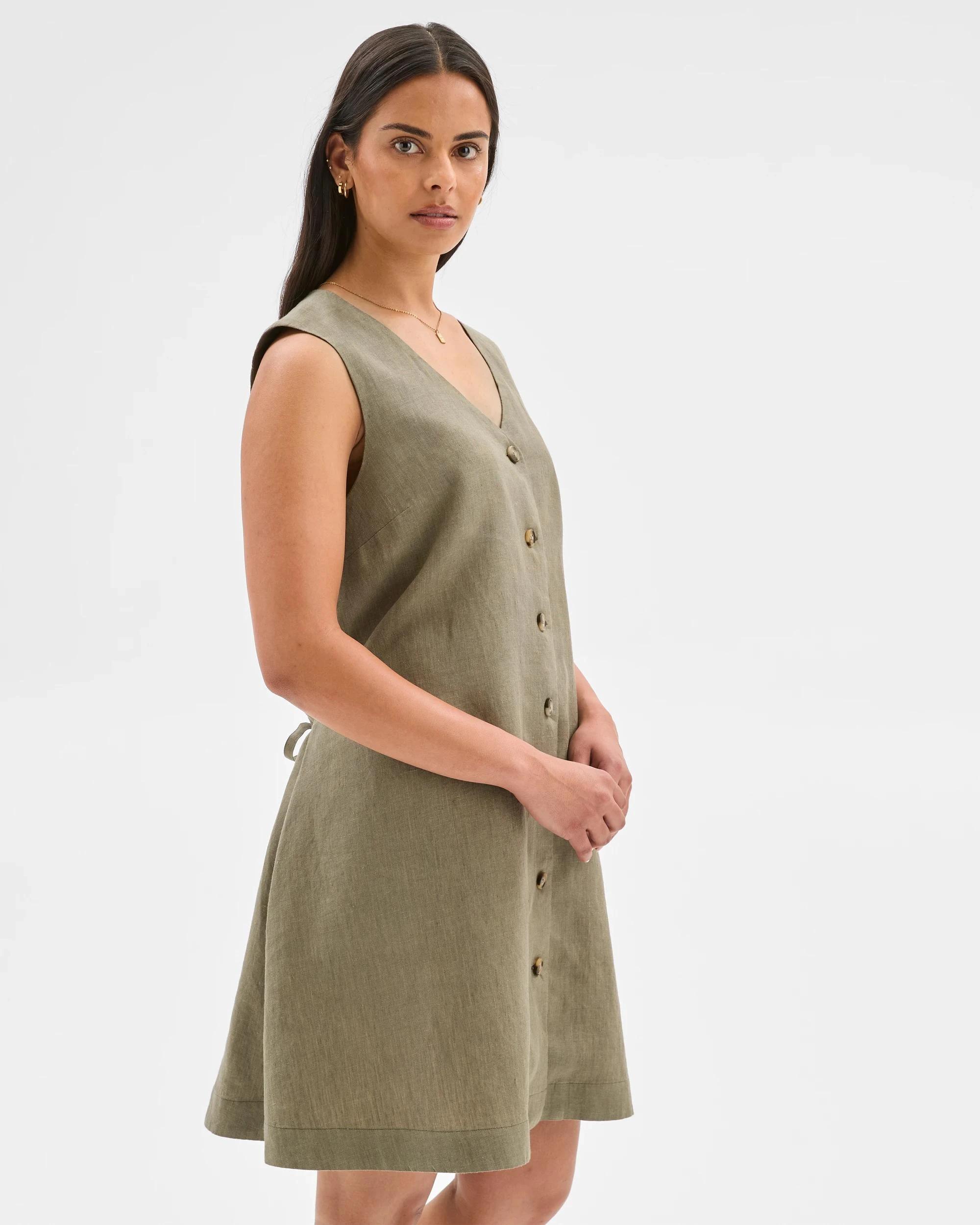 5 Target Woman European Linen Button Front Mini Dress DUSTY OLIVE, 5 of 6