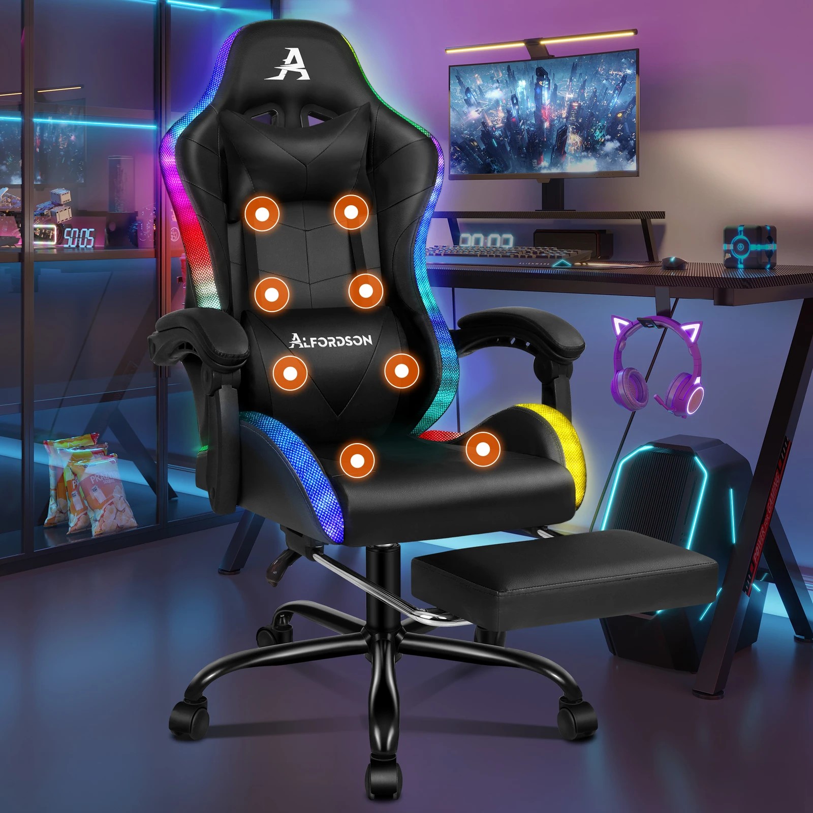 2 Alfordson Gaming Chair Office Massage 12 RGB LED Computer Seat PU Leather - Black, 2 of 10