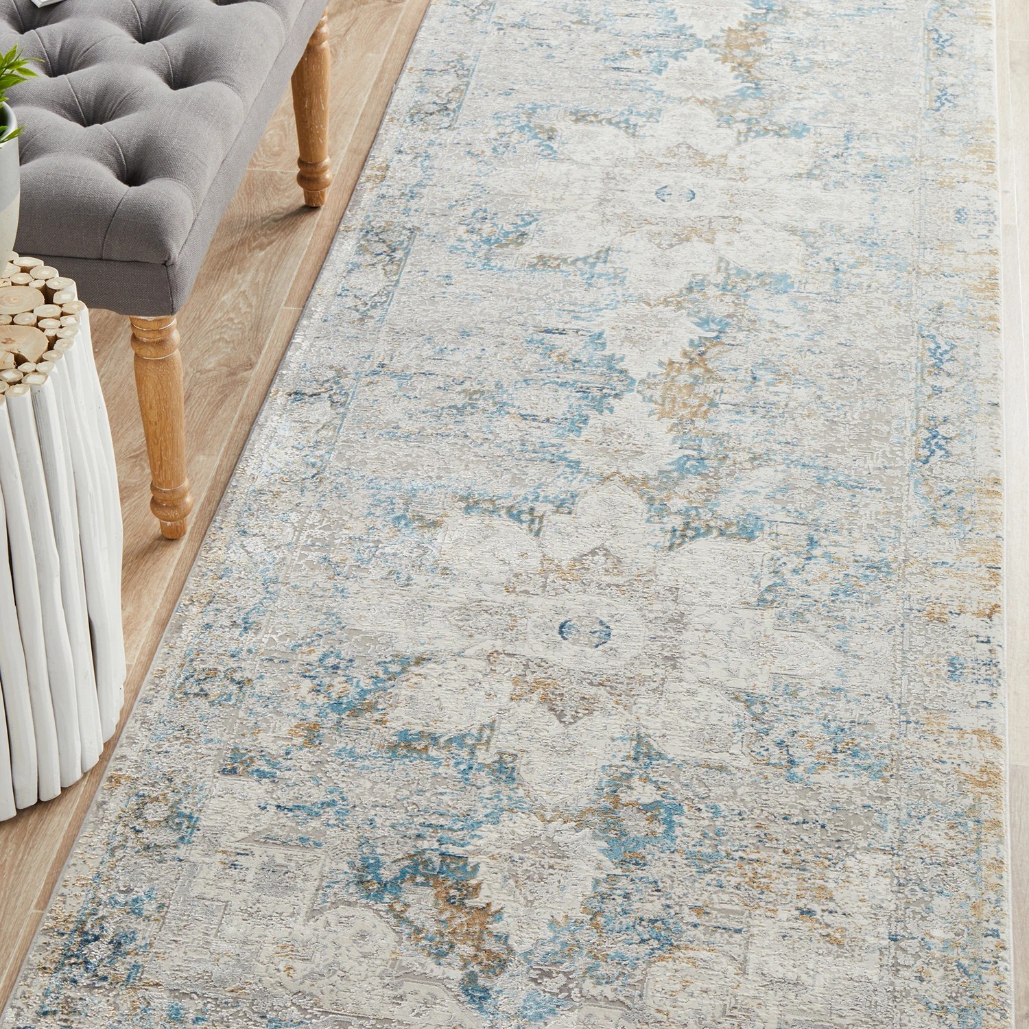 4 Common Ground Rugs Glimmers 104 400x80cm Runner - Large Bamboo Silk Power Loomed Rug - Blue, 4 of 9