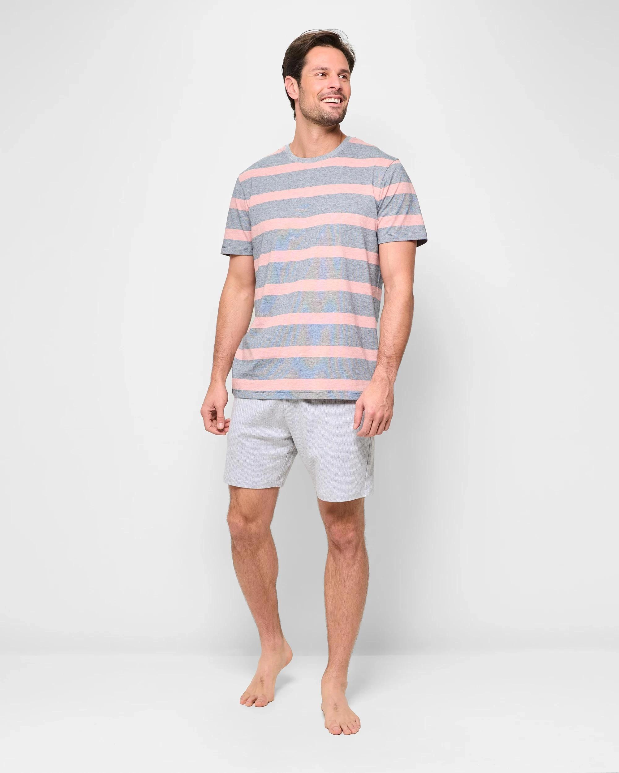 2 Mens Australian Cotton Stripe Sleep T-Shirt - Maxx BRICK RED/NAVY STRIPE, 2 of 5