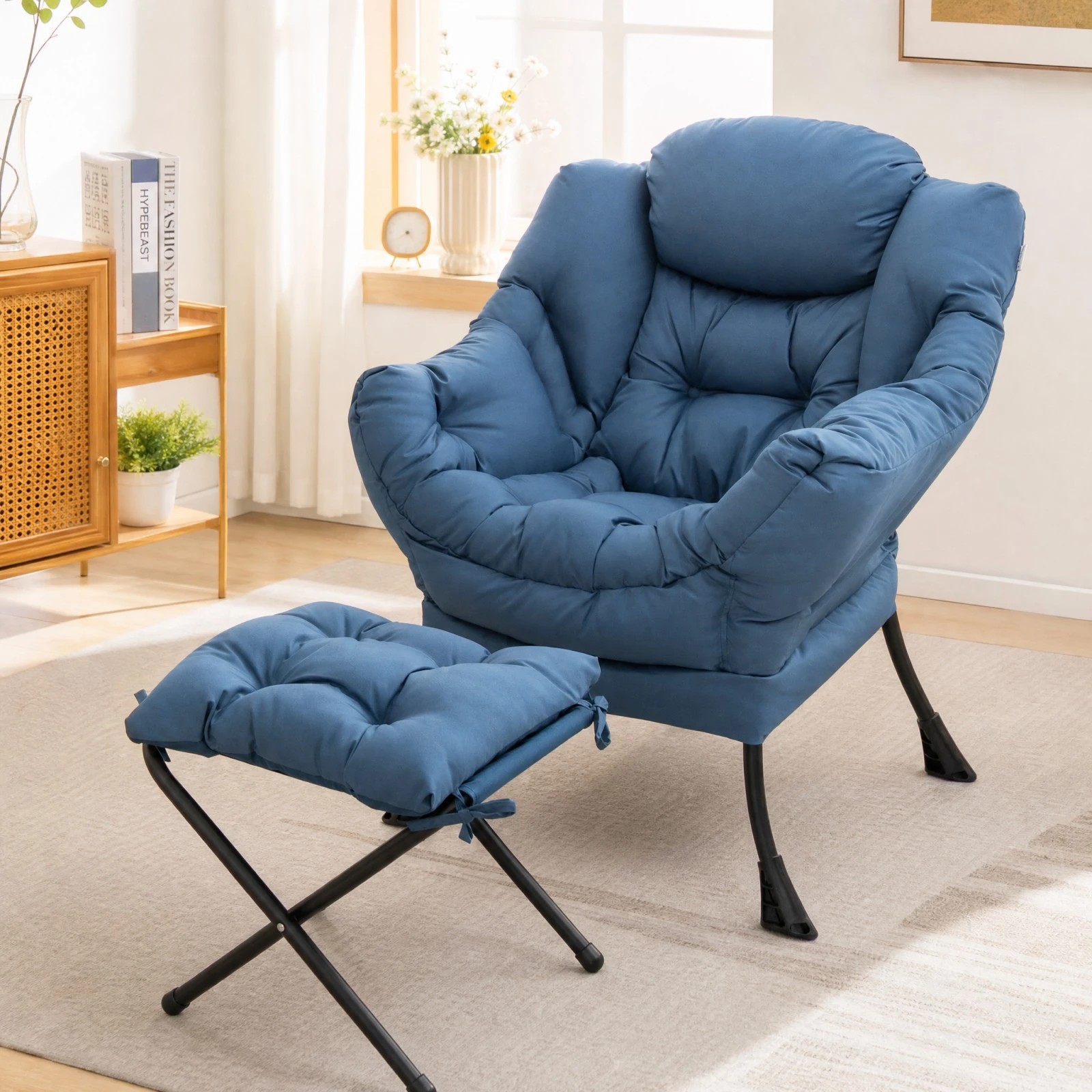 1 Costway Modern Armchair Lounge Chair Ottoman Upholstered Sofa Accent Chair w/Footstool - Blue, 1 of 6