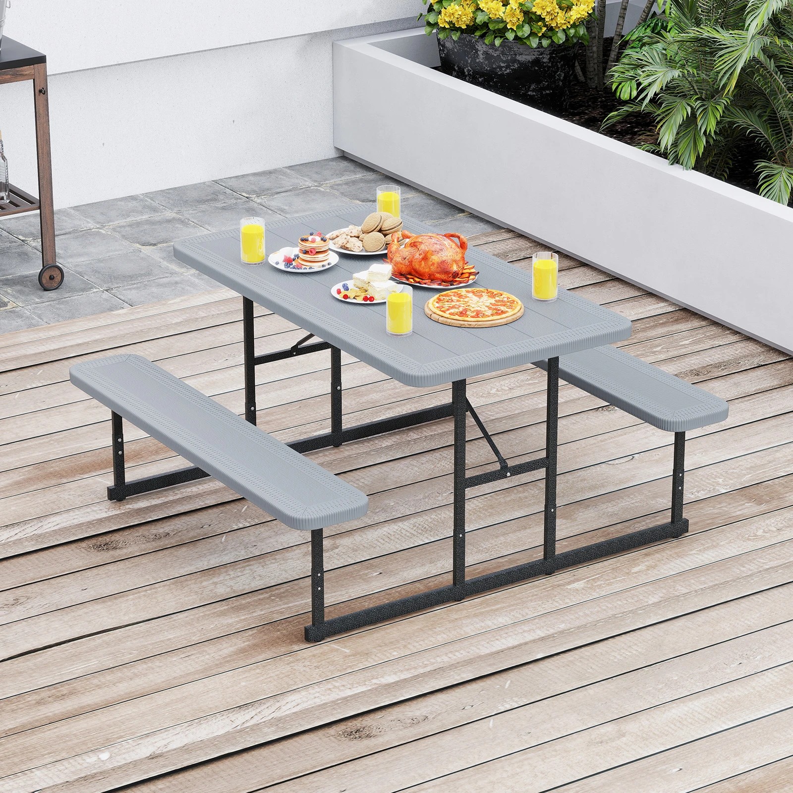 3 Costway 2-4 People Picnic Table Bench Set w/Umbrella Hole Outdoor Camping Table & Chairs - Grey, 3 of 3