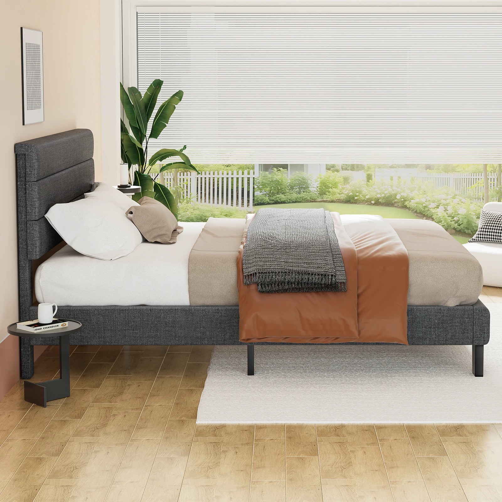 5 Alfordson Bed Frame Queen Size Upholstered Platform Fabric Harlene - Grey, 5 of 10