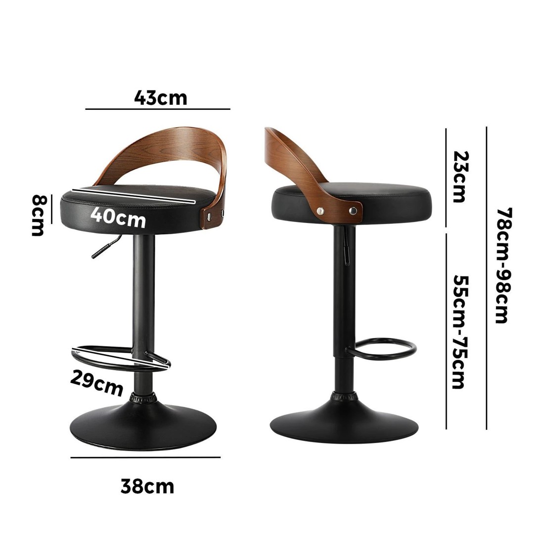 9 Oikiture Kitchen Bar Stools Gas Lift Swivel Chairs Stool Wooden Pu Leather X2
 - Black, 9 of 9