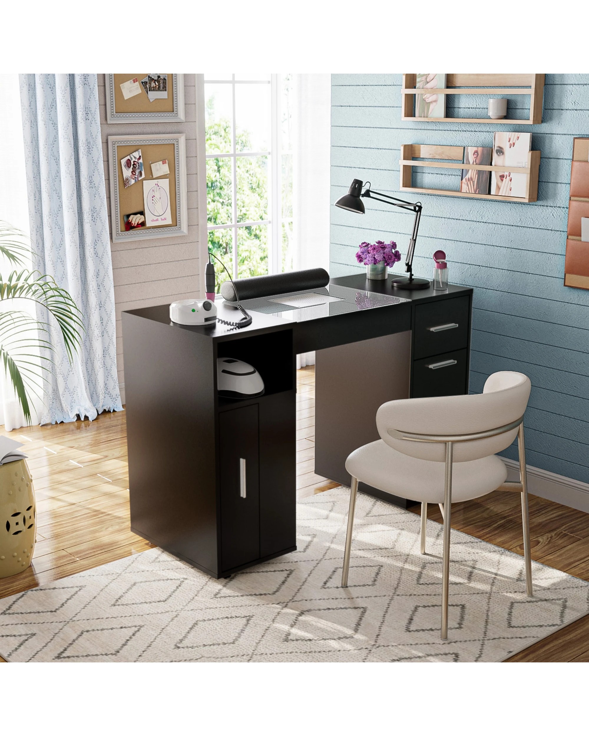 1 Advwin Manicure Table Vanity Desk With Dust Collector Glass Top Storage Cabinet - Black, 1 of 4