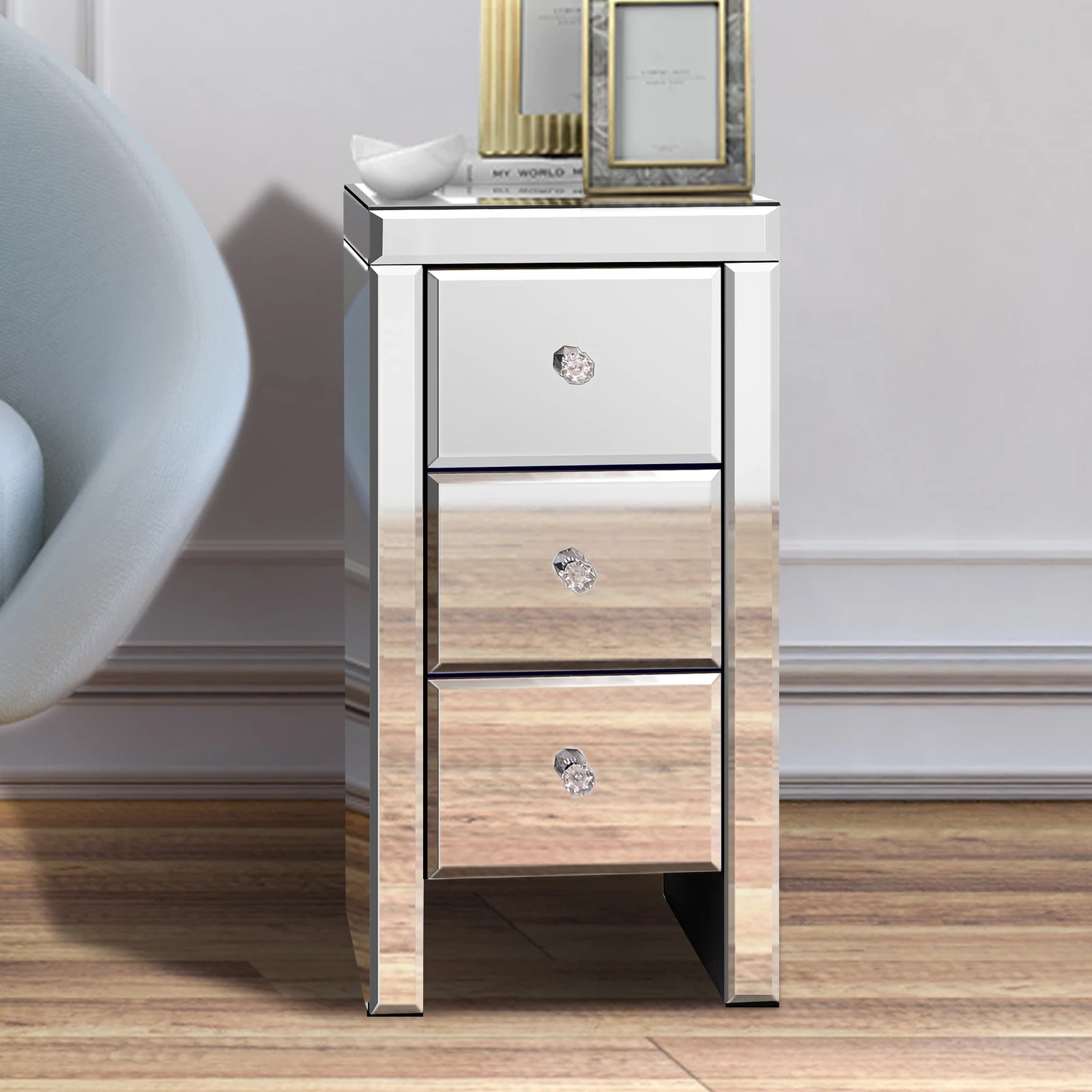 4 Alfordson 2x Mirrored Bedside Table Cabinet Nightstand - Silver, 4 of 10