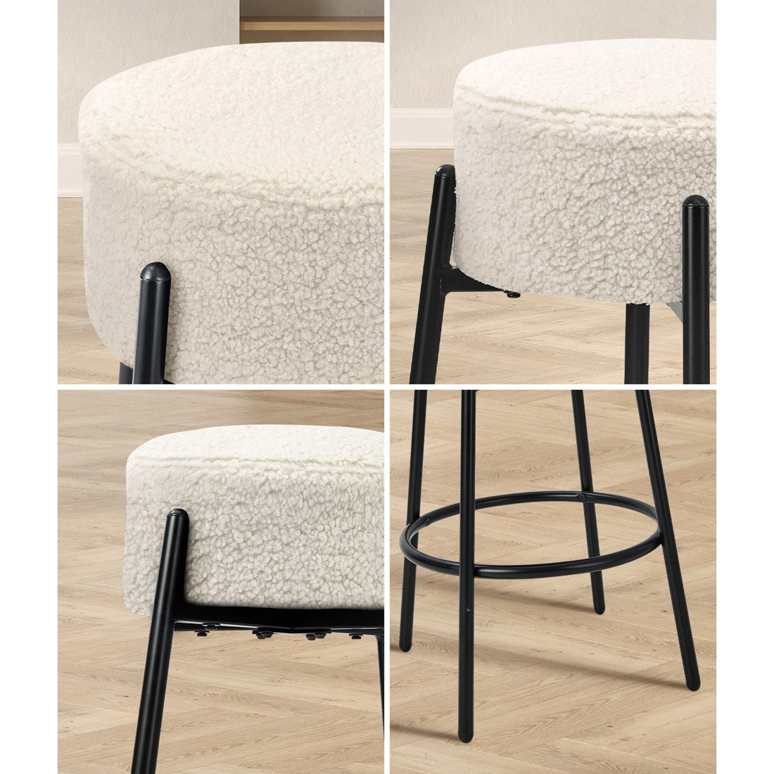 4 Oikiture 2x Bar Stools Kitchen Dining Chair Round Stool Boucle Fabric
 - White, 4 of 10