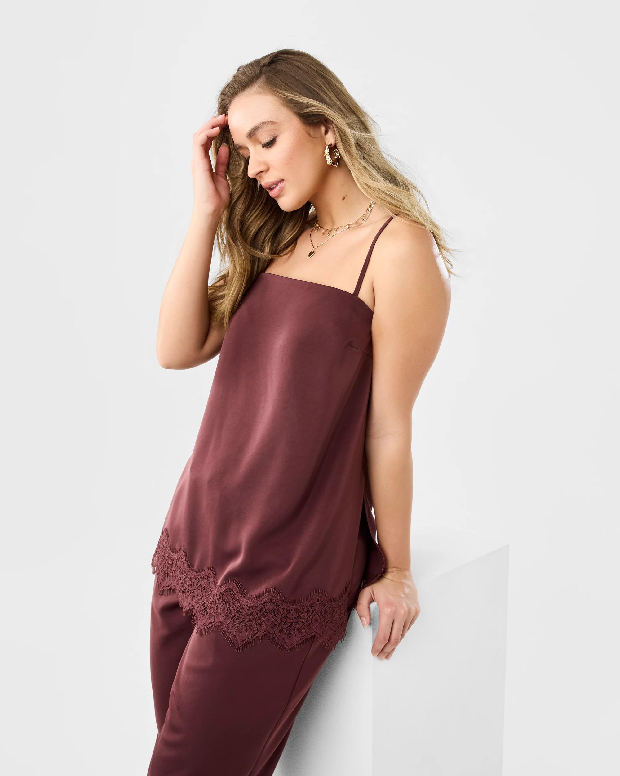 8 Sleeveless Satin Longline Cami Top Cherry, 8 of 8