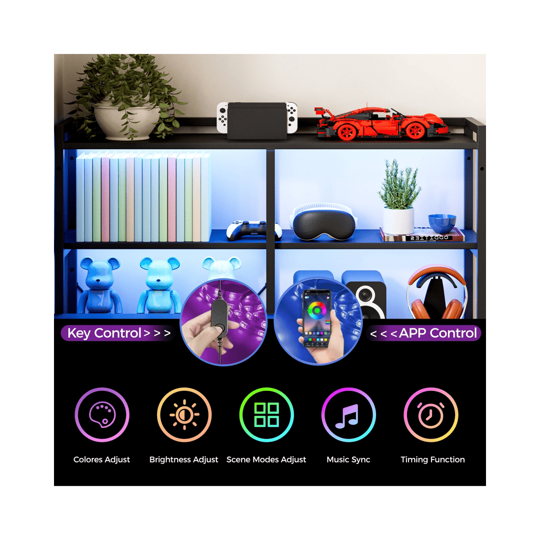 4 Advwin U Shaped Gaming Desk With Led Lights & Power Outlets Reversible 164cm Computer Desk With Bookshelf Black, 4 of 10