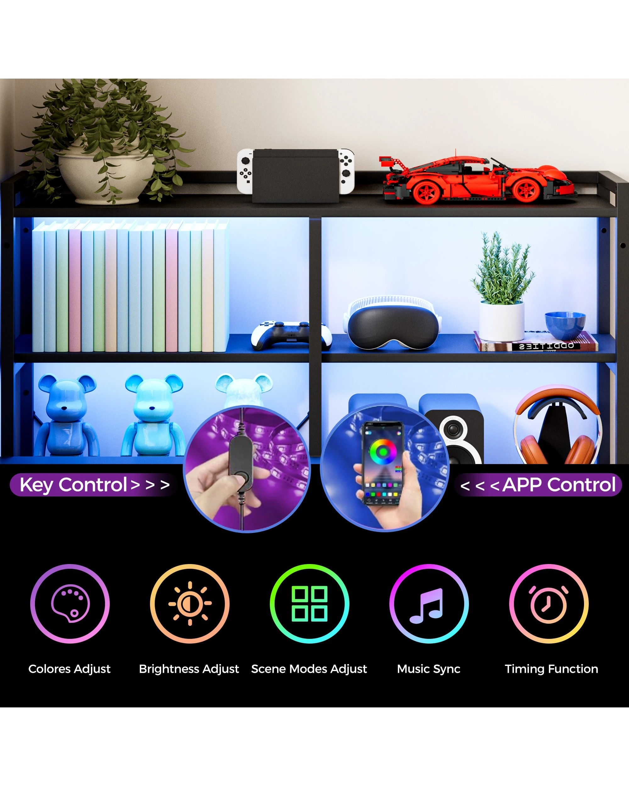 4 Advwin U Shaped Gaming Desk With Led Lights & Power Outlets Reversible 164cm Computer Desk With Bookshelf Black, 4 of 10