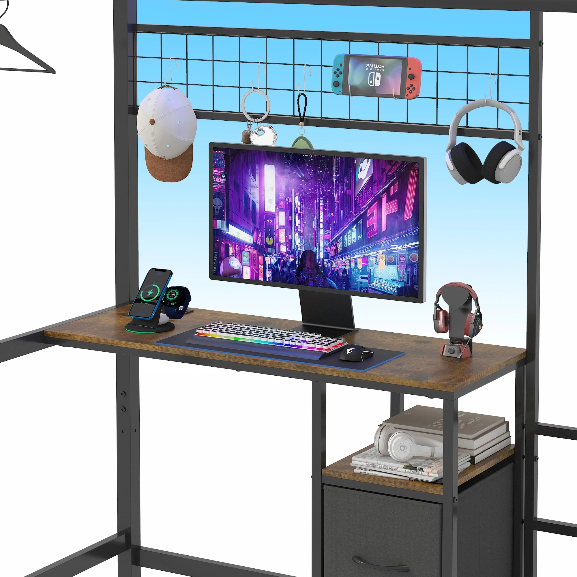 5 Advwin L-Shaped Bunk Bed with Desk Charging Station LED Light King Single - Black, 5 of 8