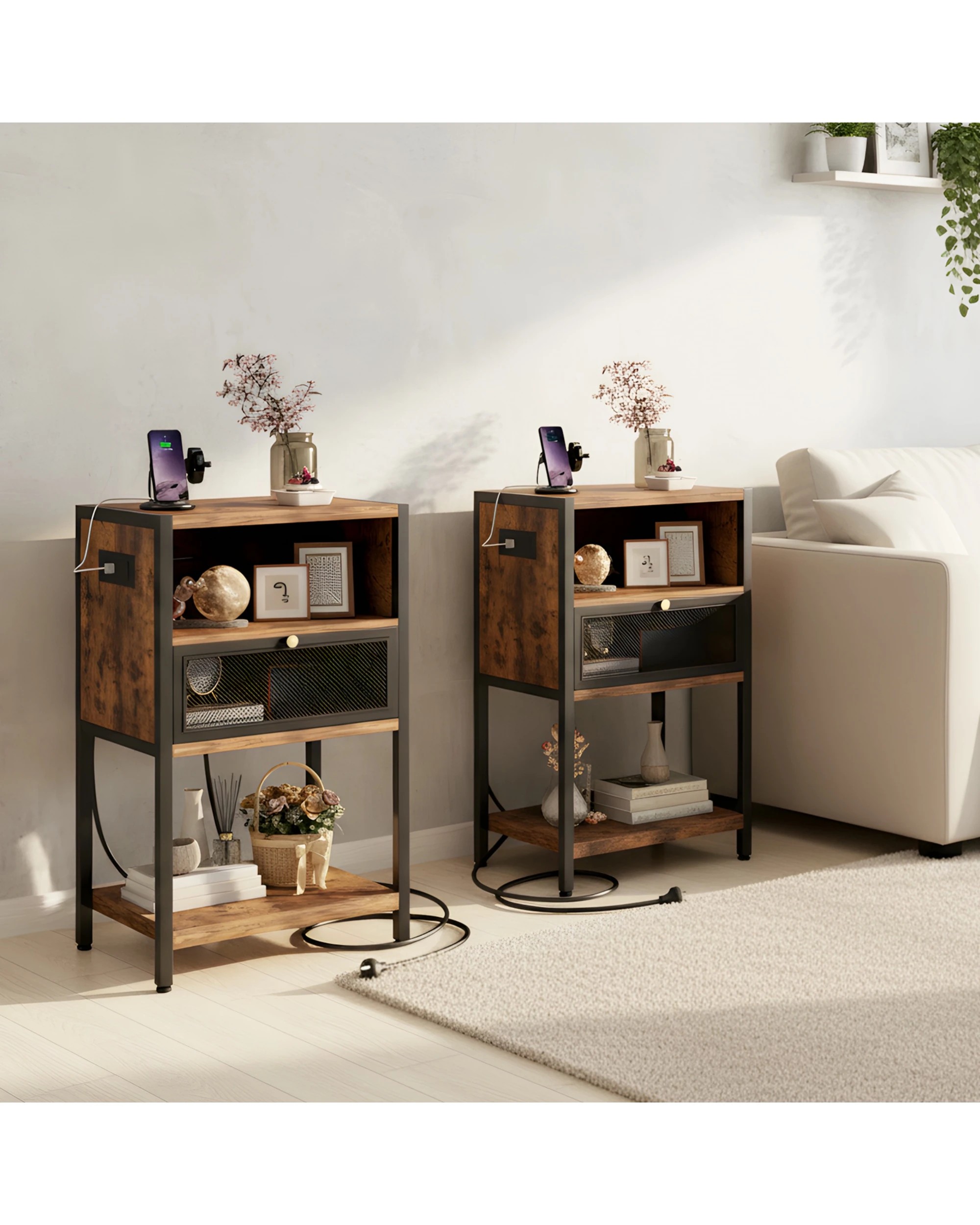 3 Advwin 2x Bedside Table with Charging Station Metal Mesh Drawer Nightstand Side Table - Brown, 3 of 9