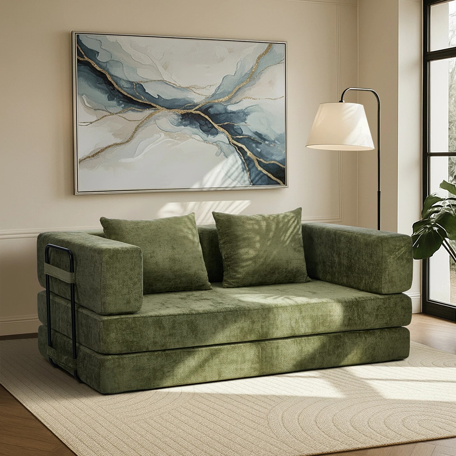 3 Oikiture Convertible LOFT Sofa Bed Sleeper Pull Out Couch Futon Chenille - Green, 3 of 10