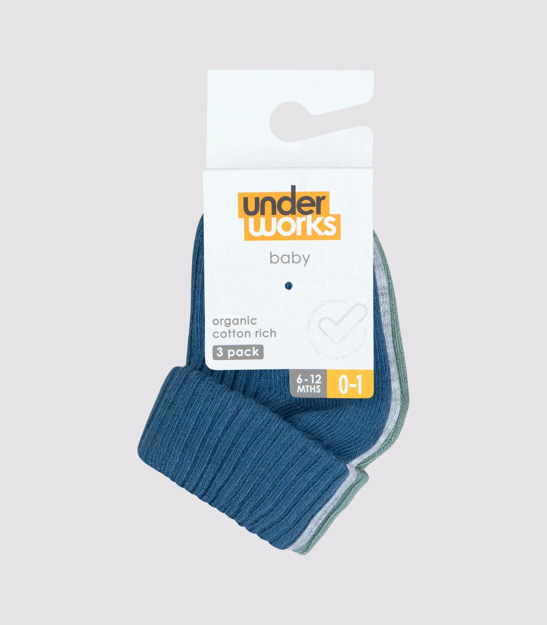 2 Baby Cotton Blend Turn Over Rib Cuff Socks 3 Pack - Underworks BLUE, GREY, SAGE, 2 of 2