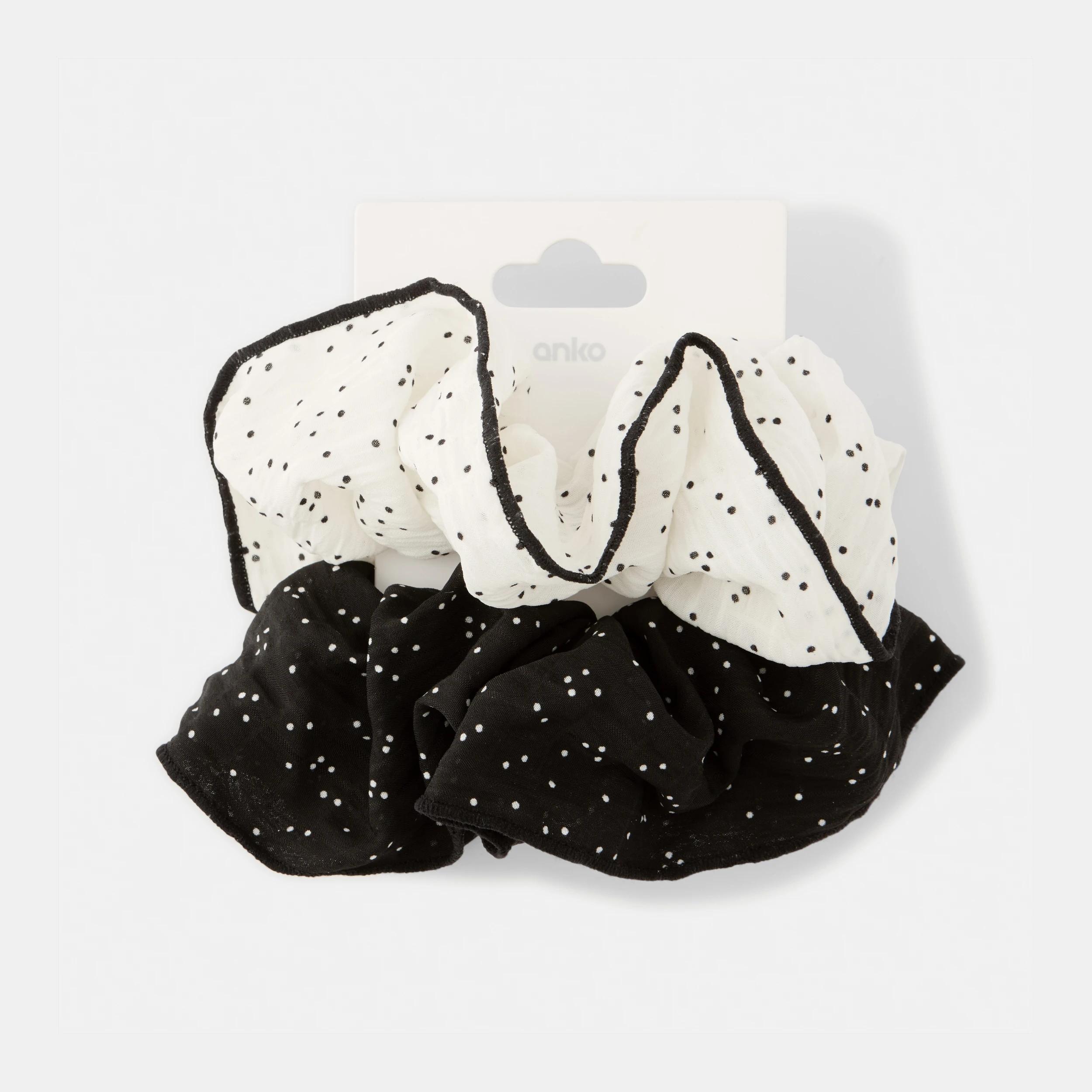 4 2 Pack Polka Dot Hair Scrunchies - Black and White Black, 4 of 5