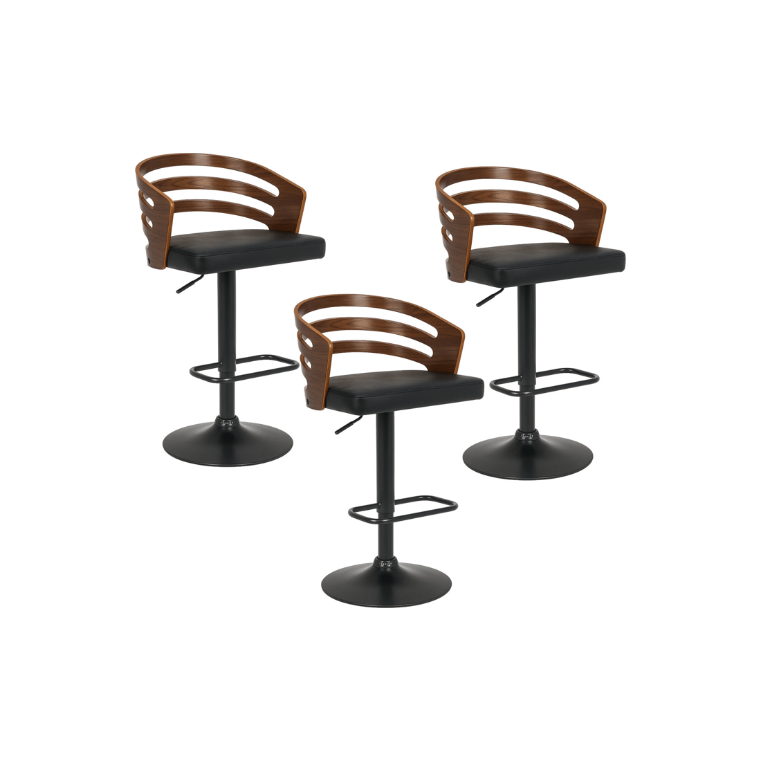 1 Sarantino Set of 3 Bentwood Walnut Barstool Leather Seat and Metal Base, 1 of 4