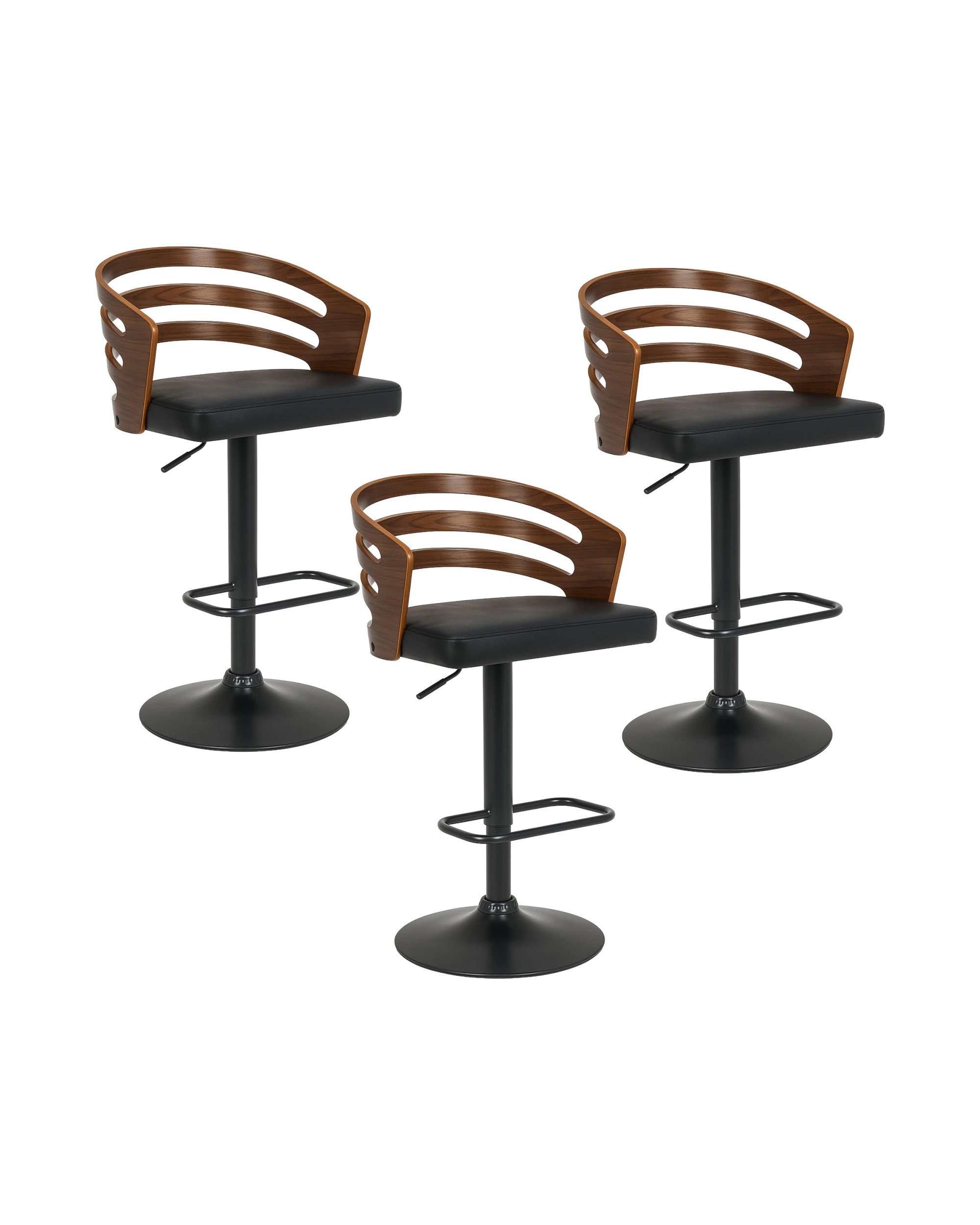 1 Sarantino Set of 3 Bentwood Walnut Barstool Leather Seat and Metal Base, 1 of 4