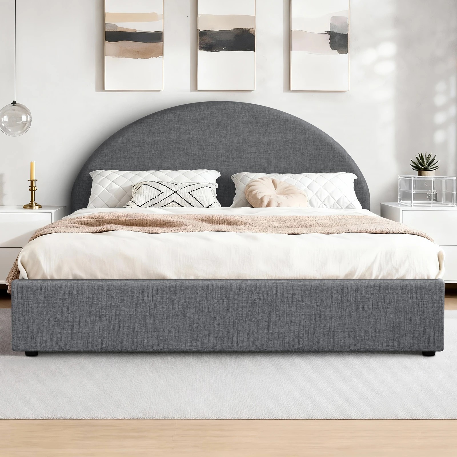 3 Alfordson Bed Frame Queen Size Arched Base Gas Lift Storage Fabric Hoult - Grey, 3 of 10
