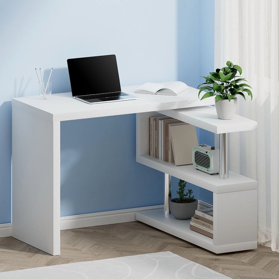 3 Artiss Computer Desk L-Shape Bookshelf - White, 3 of 7