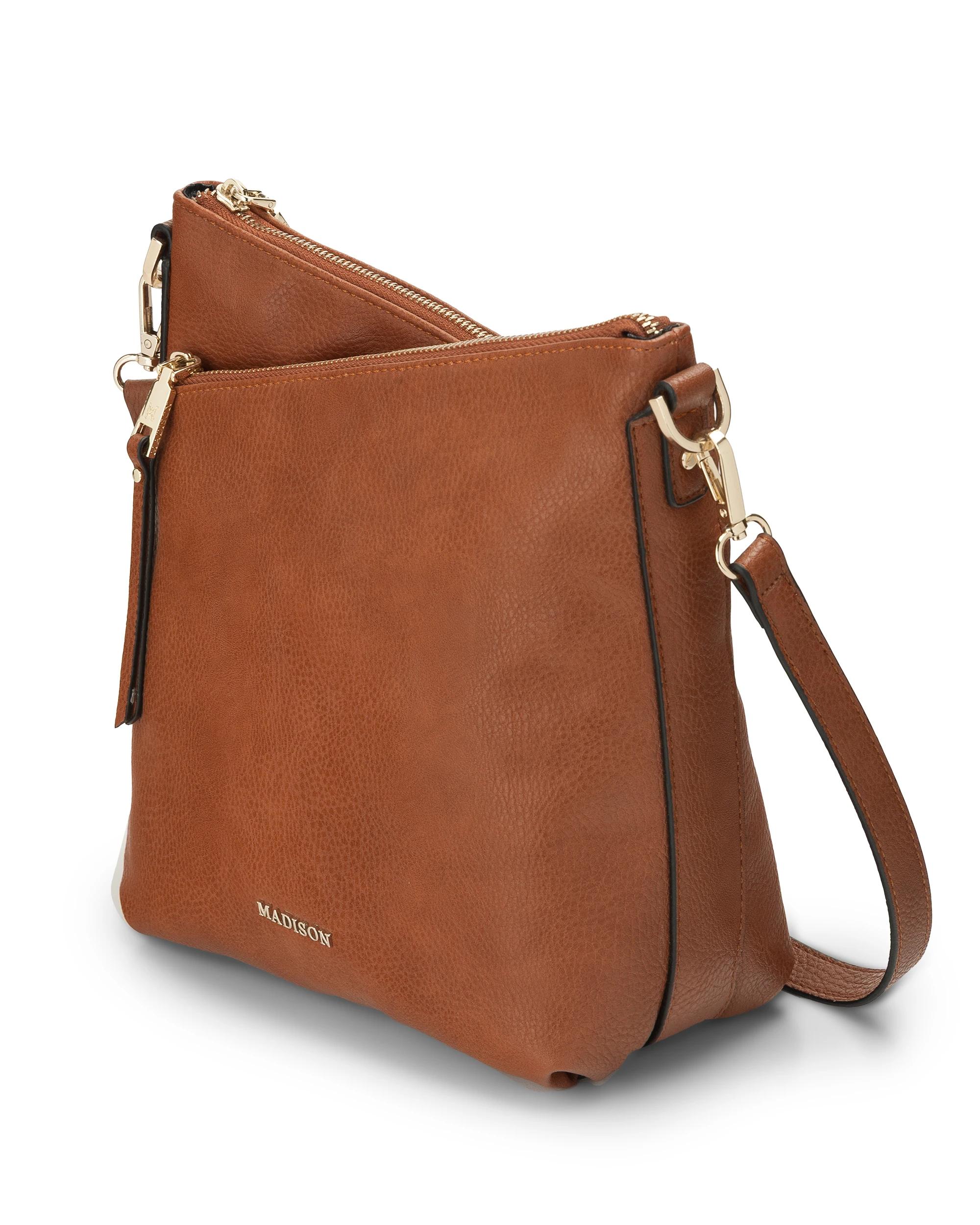 4 Madison Accessories Maya Medium Double Zip Sling Crossbody Bag DK TAN LT GOLD, 4 of 9
