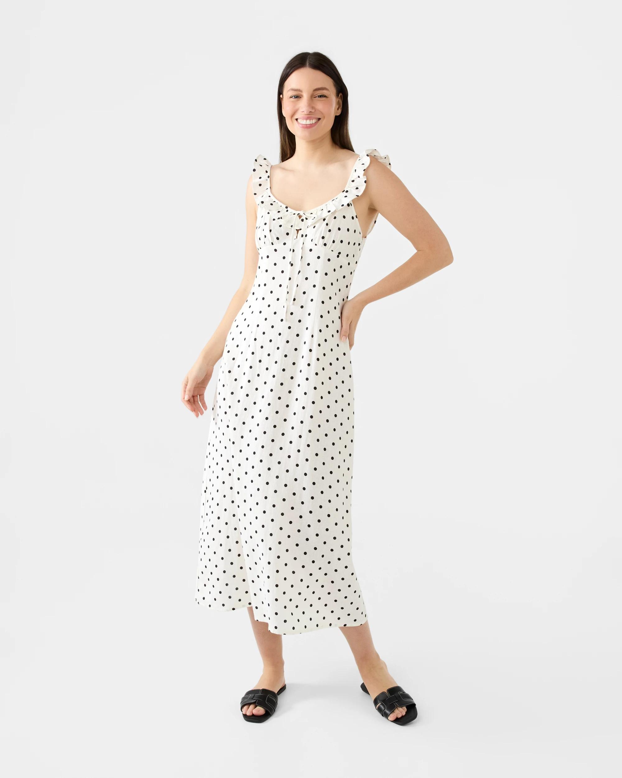 1 Sleeveless Linen Blend Frill Detail Midi Dress White Spot, 1 of 7