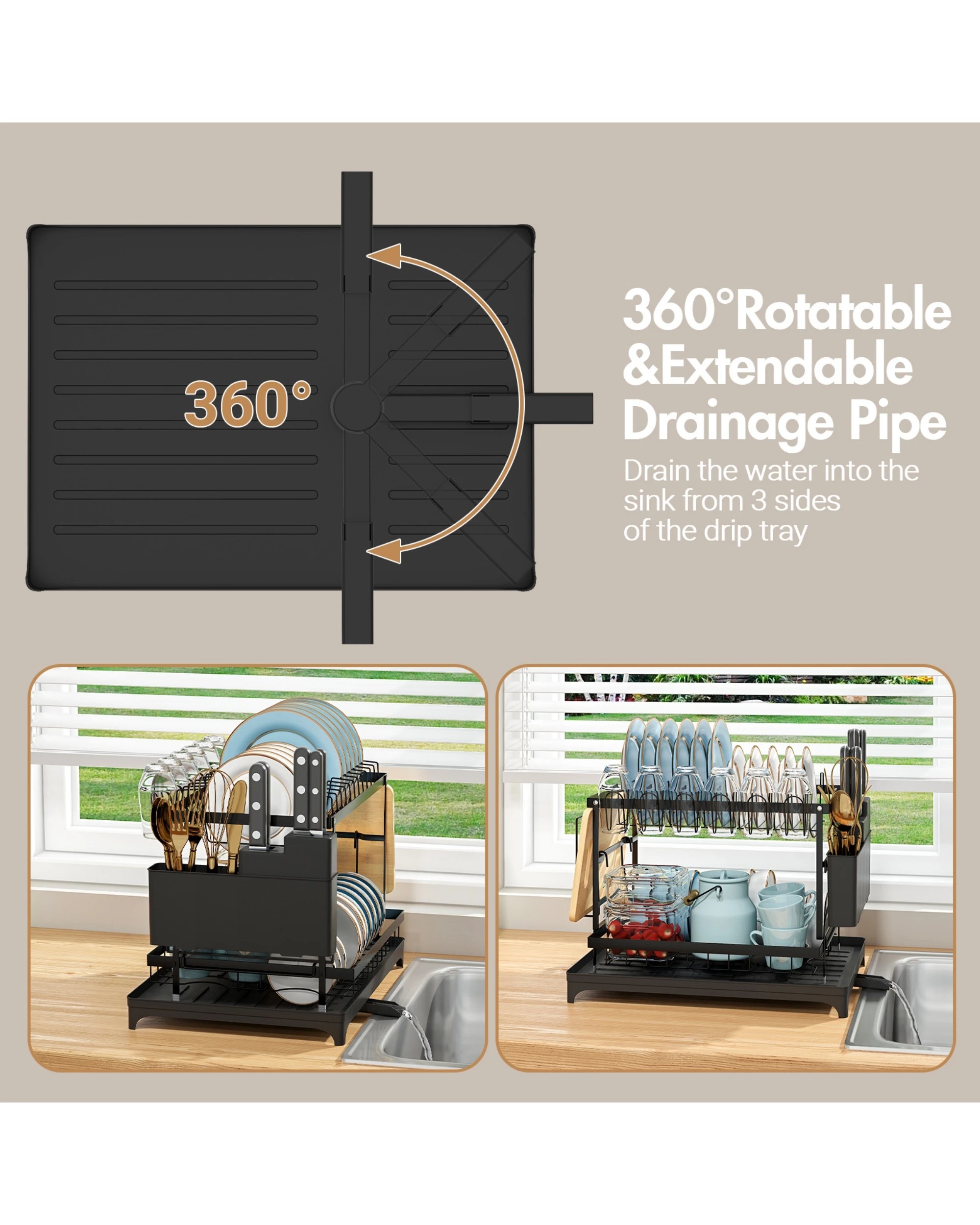 2 Advwin 2 Tier Dish Drying Rack Plate Drainer Cutlery Holder Kitchen Organizer
 - Black, 2 of 3