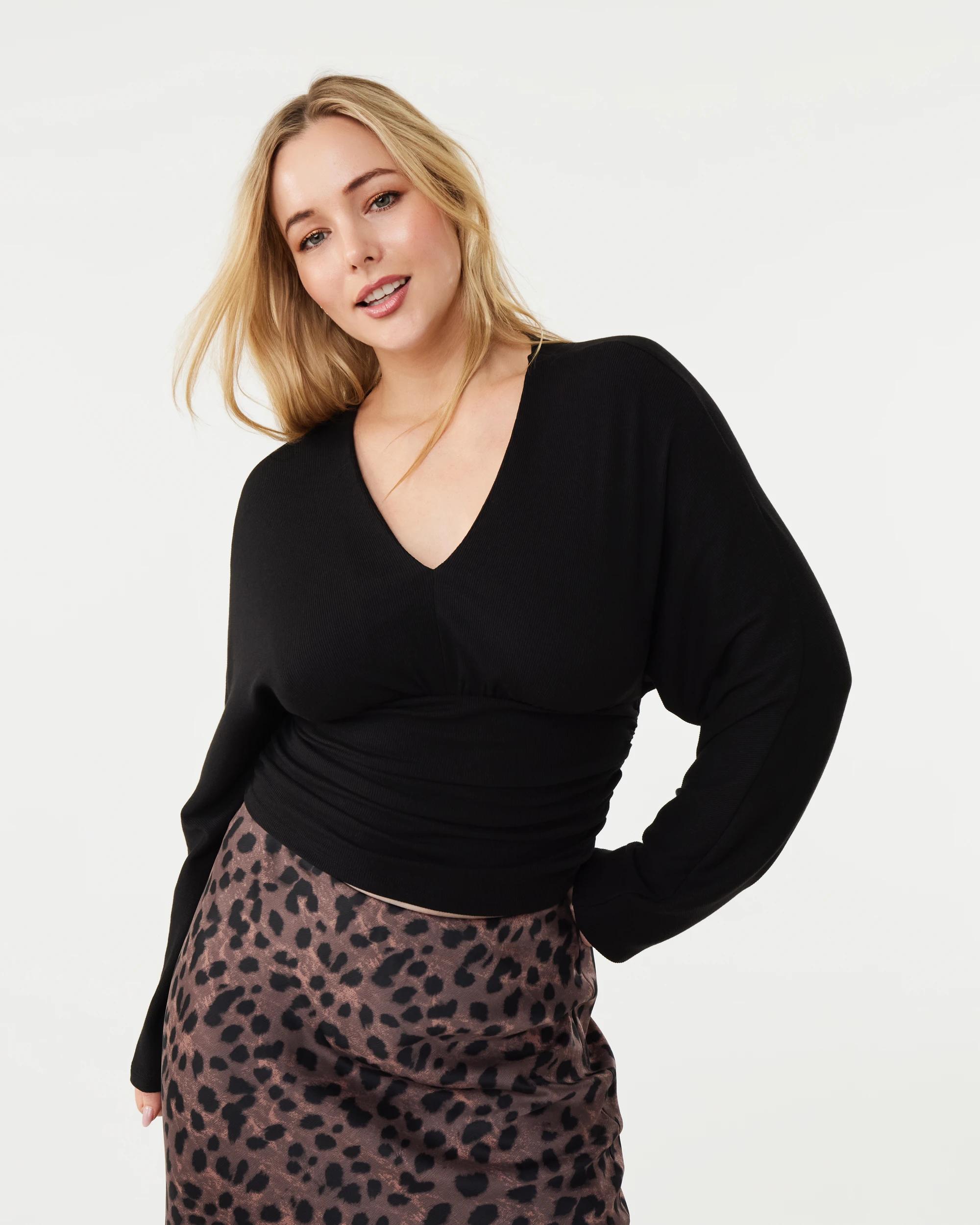 1 Long Sleeve V-Neck Ruched Top Black, 1 of 7