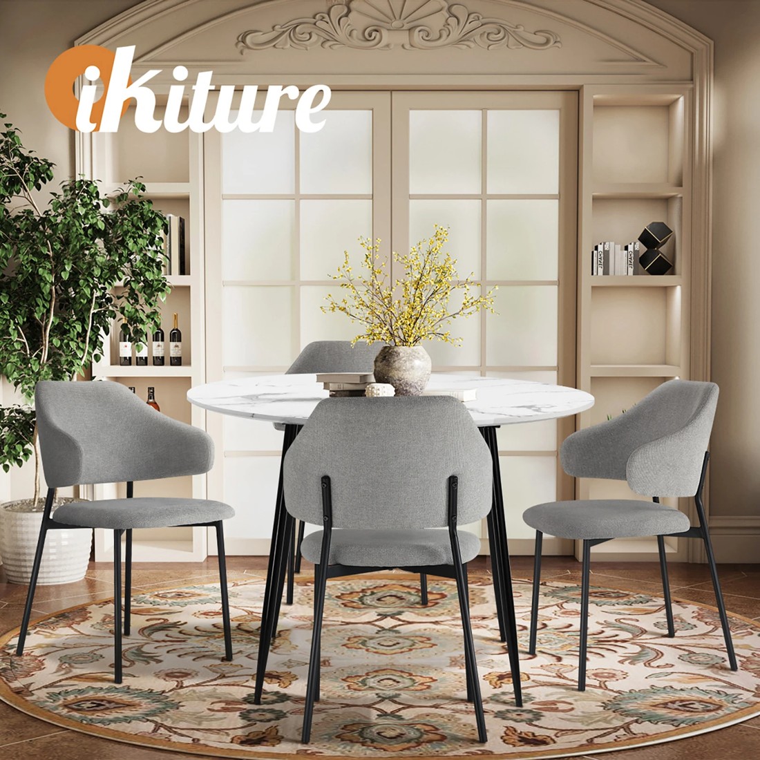 6 Oikiture 110cm Round Dining Table With 4pcs Dining Chairs Accent Fabric
 - Multi, 6 of 10