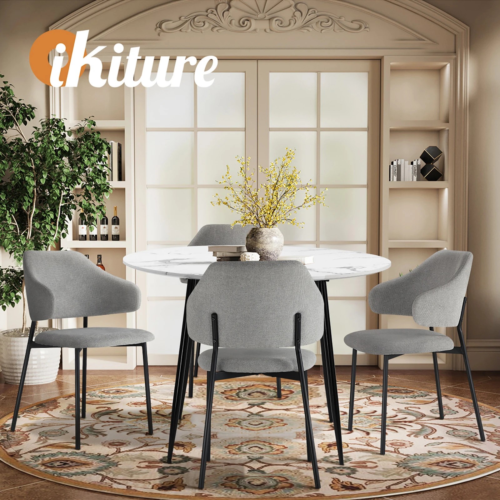 6 Oikiture 110cm Round Dining Table With 4pcs Dining Chairs Accent Fabric
 - Multi, 6 of 10